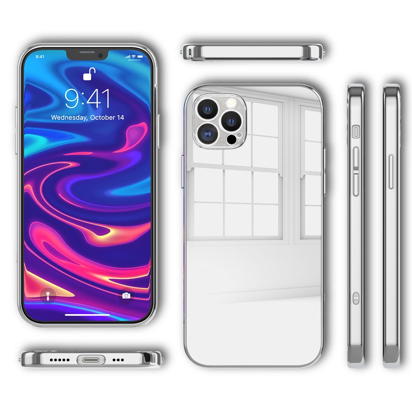 NALIA Spiegel Hartglas Case kompatibel mit iPhone 13 Pro Hülle, Klarer Spiegeleffekt Mirror Hardcase Kratzfest 9H Tempered Glass & Silikon Bumper, Dünne Schutzhülle Glashülle Handyhülle Etui - Silber