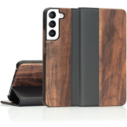 NALIA Echt-Holz Flipcase kompatibel mit Samsung Galaxy S22 Hülle, FSC zert. Natur Holzhülle mit Standfunktion & Kartenfach, Premium Wood Case Wallet Rundum-Schutz Handyhülle Klapphülle Etui - Walnuss