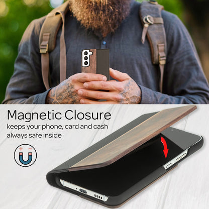 NALIA Echt-Holz Flipcase kompatibel mit Samsung Galaxy S22 Hülle, FSC zert. Natur Holzhülle mit Standfunktion & Kartenfach, Premium Wood Case Wallet Rundum-Schutz Handyhülle Klapphülle Etui - Walnuss