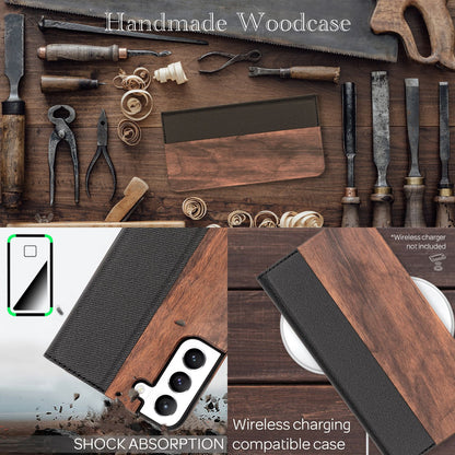 NALIA Echt-Holz Flipcase kompatibel mit Samsung Galaxy S22 Hülle, FSC zert. Natur Holzhülle mit Standfunktion & Kartenfach, Premium Wood Case Wallet Rundum-Schutz Handyhülle Klapphülle Etui - Walnuss