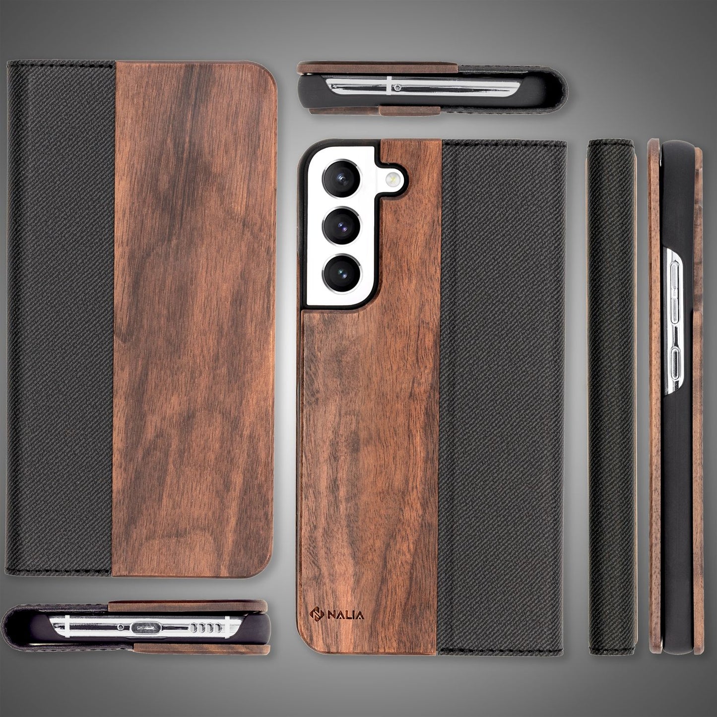 NALIA Echt-Holz Flipcase für Samsung Galaxy S22 Plus, Natur Holzhülle mit Standfunktion & Kartenfach - Walnuss