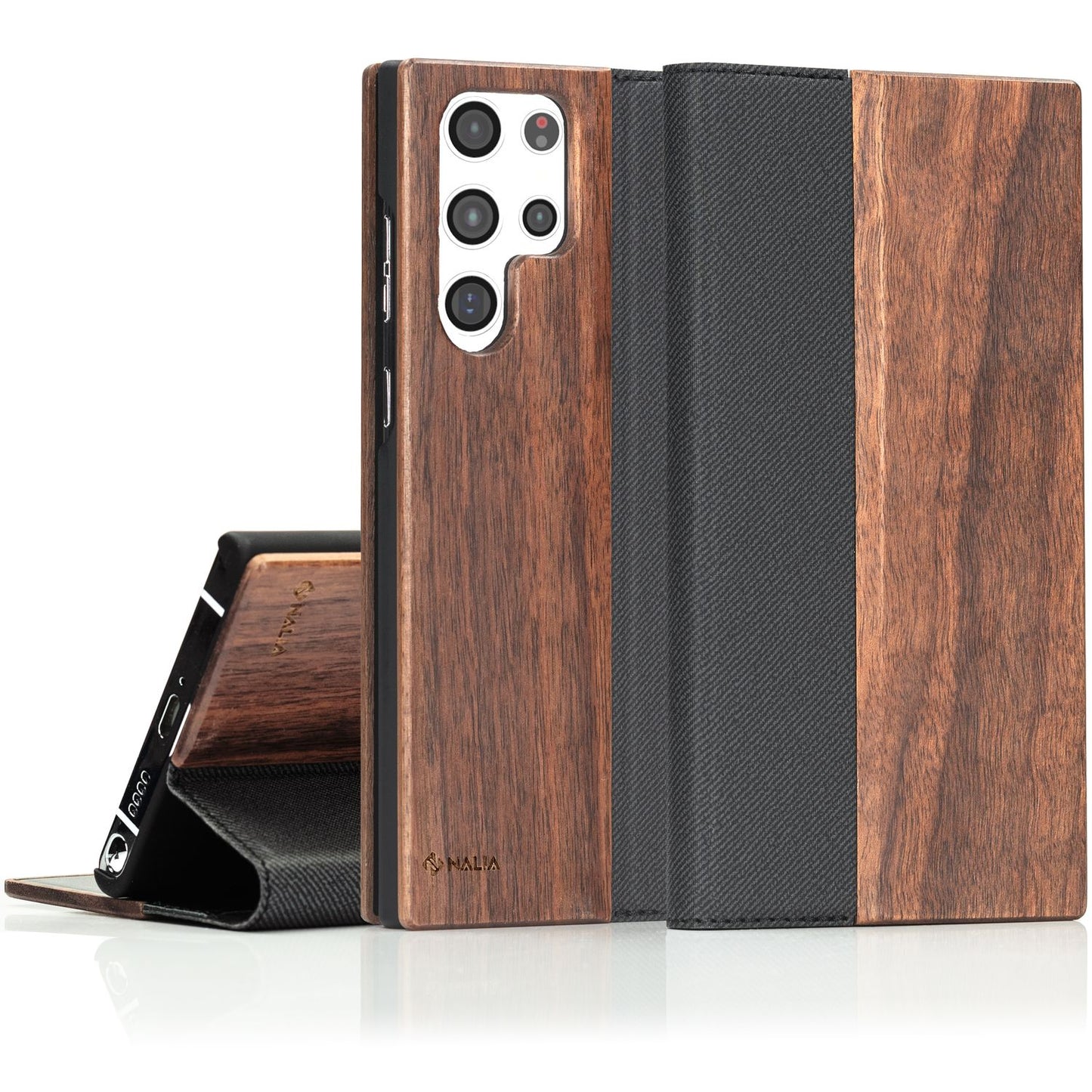 NALIA Echt-Holz Flipcase kompatibel mit Samsung Galaxy S22 Ultra Hülle, FSC zert. Natur Holzhülle mit Standfunktion & Kartenfach, Premium Wood Case Wallet Rundum-Schutz Handyhülle Bookcase - Walnuss