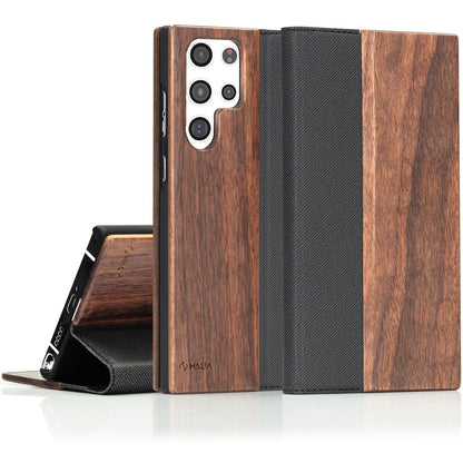 NALIA Echt-Holz Flipcase kompatibel mit Samsung Galaxy S22 Ultra Hülle, FSC zert. Natur Holzhülle mit Standfunktion & Kartenfach, Premium Wood Case Wallet Rundum-Schutz Handyhülle Bookcase - Walnuss