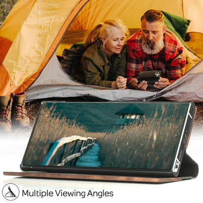NALIA Echt-Holz Flipcase kompatibel mit Samsung Galaxy S22 Ultra Hülle, FSC zert. Natur Holzhülle mit Standfunktion & Kartenfach, Premium Wood Case Wallet Rundum-Schutz Handyhülle Bookcase - Walnuss
