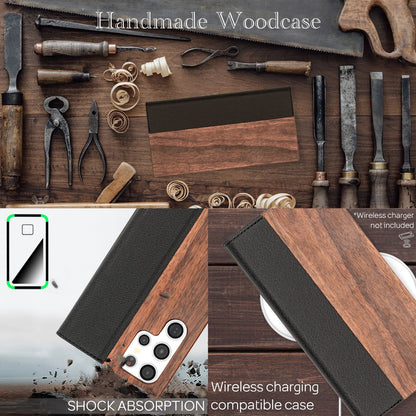 NALIA Echt-Holz Flipcase kompatibel mit Samsung Galaxy S22 Ultra Hülle, FSC zert. Natur Holzhülle mit Standfunktion & Kartenfach, Premium Wood Case Wallet Rundum-Schutz Handyhülle Bookcase - Walnuss