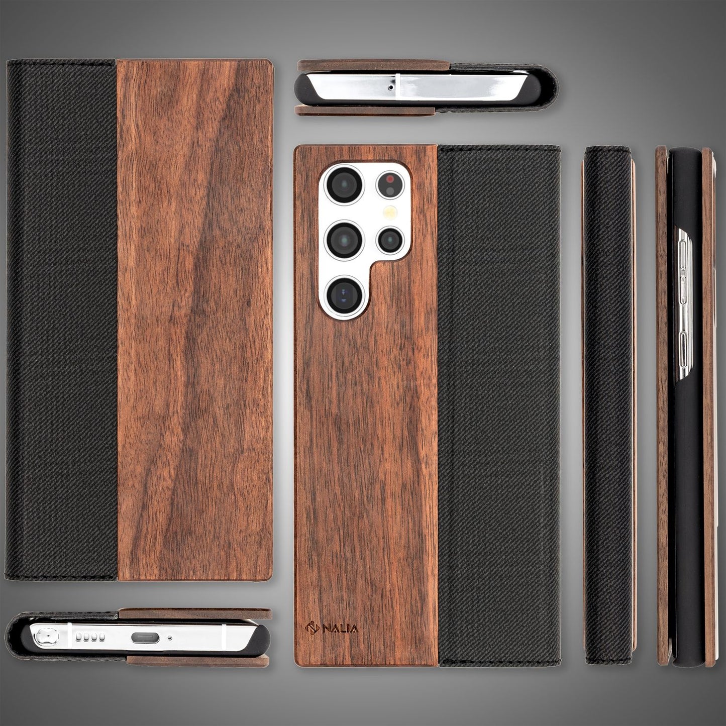 NALIA Echt-Holz Flipcase kompatibel mit Samsung Galaxy S22 Ultra Hülle, FSC zert. Natur Holzhülle mit Standfunktion & Kartenfach, Premium Wood Case Wallet Rundum-Schutz Handyhülle Bookcase - Walnuss