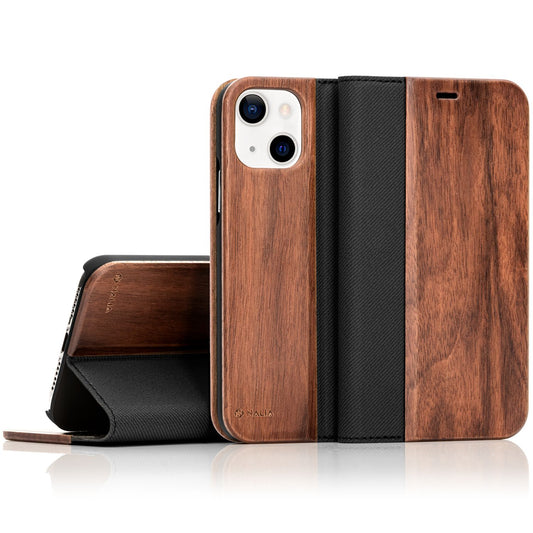 NALIA Echt-Holz Flipcase kompatibel mit iPhone 13 Hülle, FSC zert. Natur Holzhülle mit Standfunktion & Kartenfach, Premium Wood Case Wallet Rundum-Schutz Handyhülle Klapphülle Bookcase Etui - Walnuss