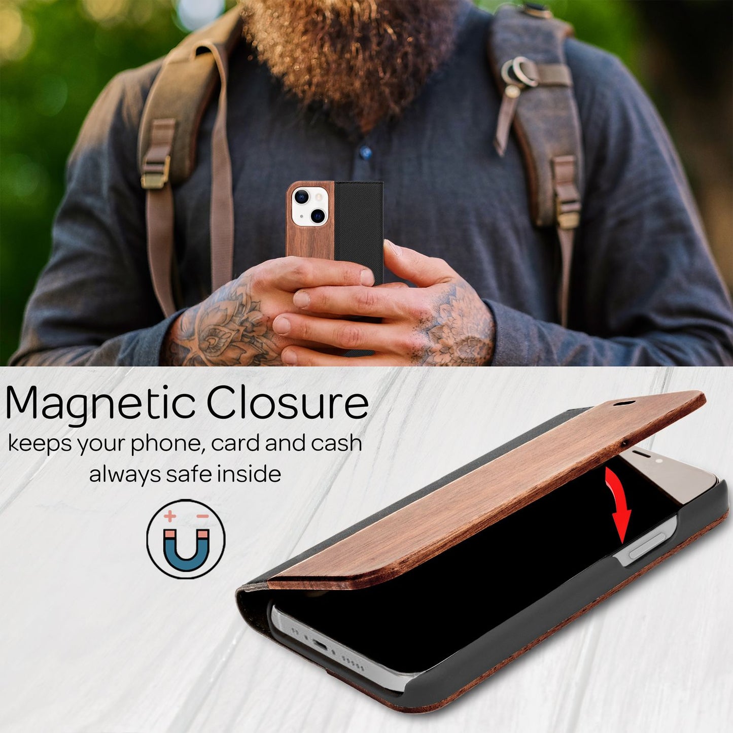 NALIA Echt-Holz Flipcase kompatibel mit iPhone 13 Hülle, FSC zert. Natur Holzhülle mit Standfunktion & Kartenfach, Premium Wood Case Wallet Rundum-Schutz Handyhülle Klapphülle Bookcase Etui - Walnuss