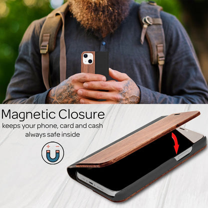 NALIA Echt-Holz Flipcase kompatibel mit iPhone 13 Hülle, FSC zert. Natur Holzhülle mit Standfunktion & Kartenfach, Premium Wood Case Wallet Rundum-Schutz Handyhülle Klapphülle Bookcase Etui - Walnuss