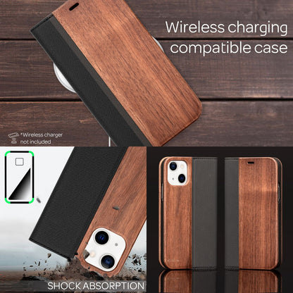 NALIA Echt-Holz Flipcase kompatibel mit iPhone 13 Hülle, FSC zert. Natur Holzhülle mit Standfunktion & Kartenfach, Premium Wood Case Wallet Rundum-Schutz Handyhülle Klapphülle Bookcase Etui - Walnuss
