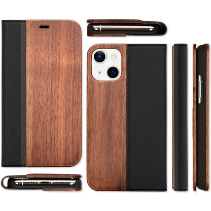 NALIA Echt-Holz Flipcase kompatibel mit iPhone 13 Hülle, FSC zert. Natur Holzhülle mit Standfunktion & Kartenfach, Premium Wood Case Wallet Rundum-Schutz Handyhülle Klapphülle Bookcase Etui - Walnuss
