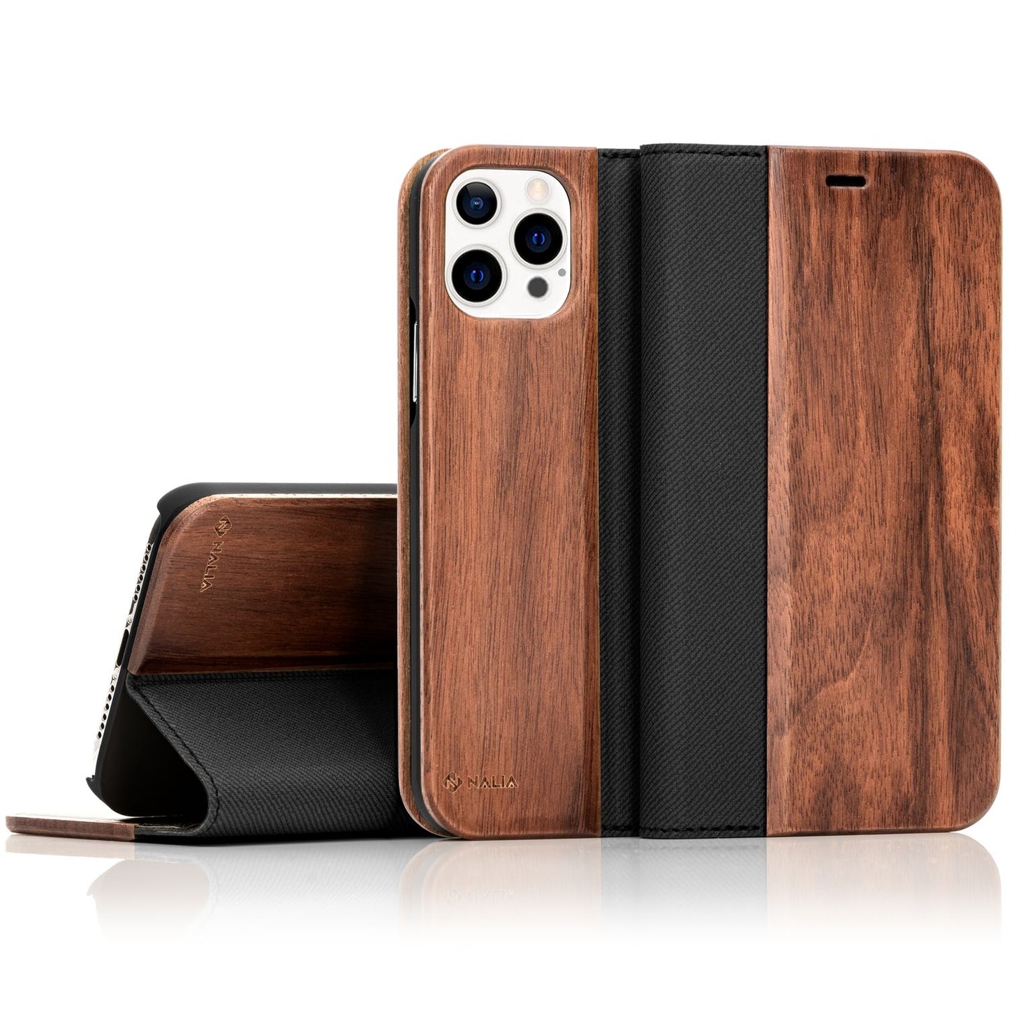 NALIA Echt-Holz Flipcase kompatibel mit iPhone 13 Pro Hülle, FSC zert. Natur Holzhülle mit Standfunktion & Kartenfach, Premium Wood Case Wallet Rundum-Schutz Handyhülle Klapphülle Bookcase - Walnuss