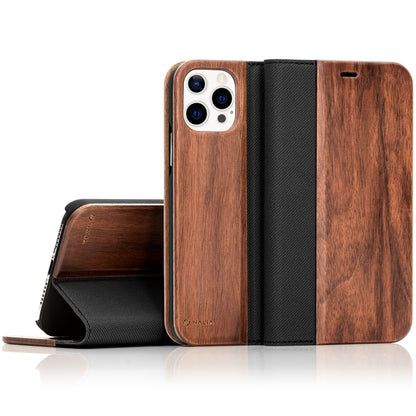 NALIA Echt-Holz Flipcase kompatibel mit iPhone 13 Pro Hülle, FSC zert. Natur Holzhülle mit Standfunktion & Kartenfach, Premium Wood Case Wallet Rundum-Schutz Handyhülle Klapphülle Bookcase - Walnuss