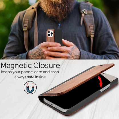 NALIA Echt-Holz Flipcase kompatibel mit iPhone 13 Pro Hülle, FSC zert. Natur Holzhülle mit Standfunktion & Kartenfach, Premium Wood Case Wallet Rundum-Schutz Handyhülle Klapphülle Bookcase - Walnuss