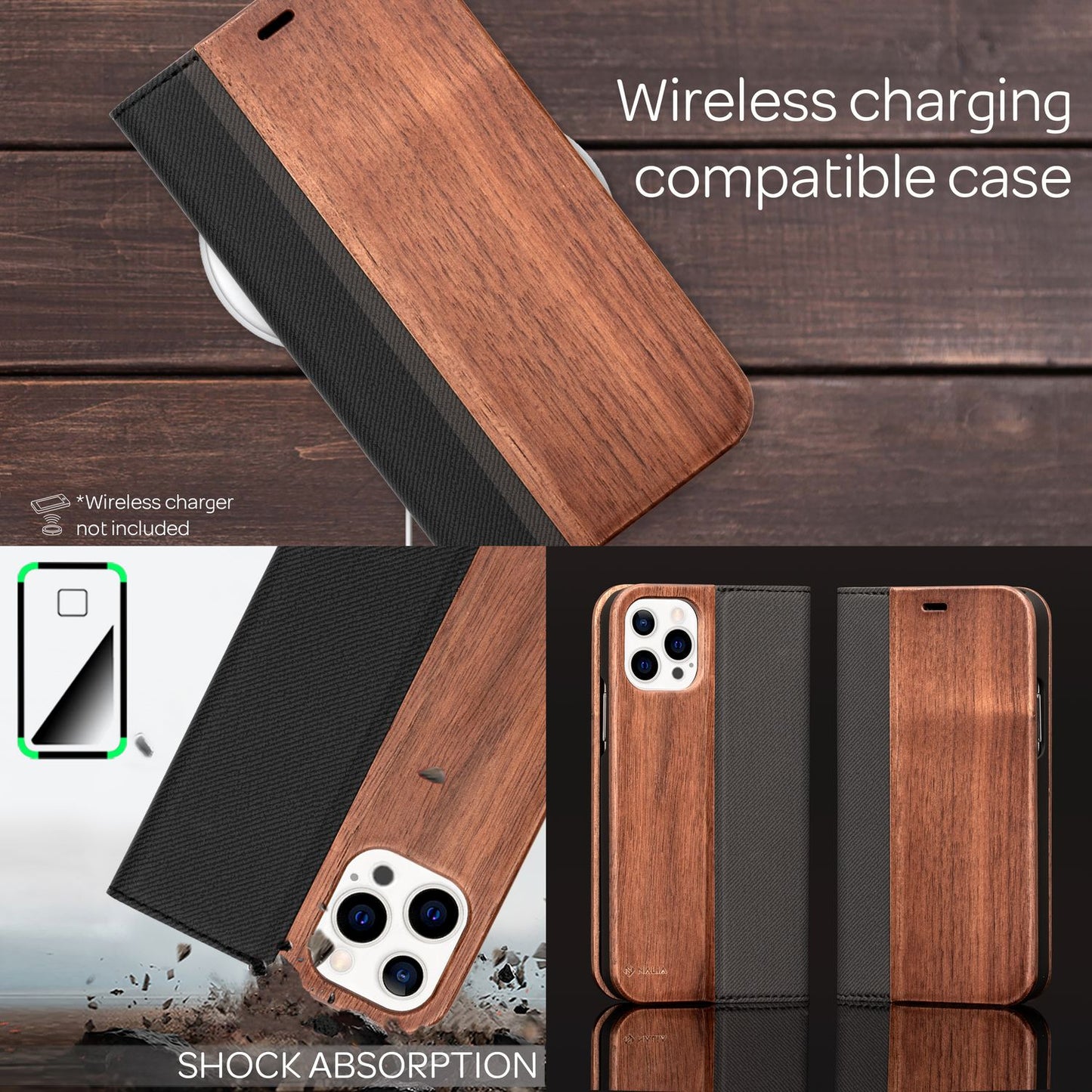 NALIA Echt-Holz Flipcase kompatibel mit iPhone 13 Pro Hülle, FSC zert. Natur Holzhülle mit Standfunktion & Kartenfach, Premium Wood Case Wallet Rundum-Schutz Handyhülle Klapphülle Bookcase - Walnuss