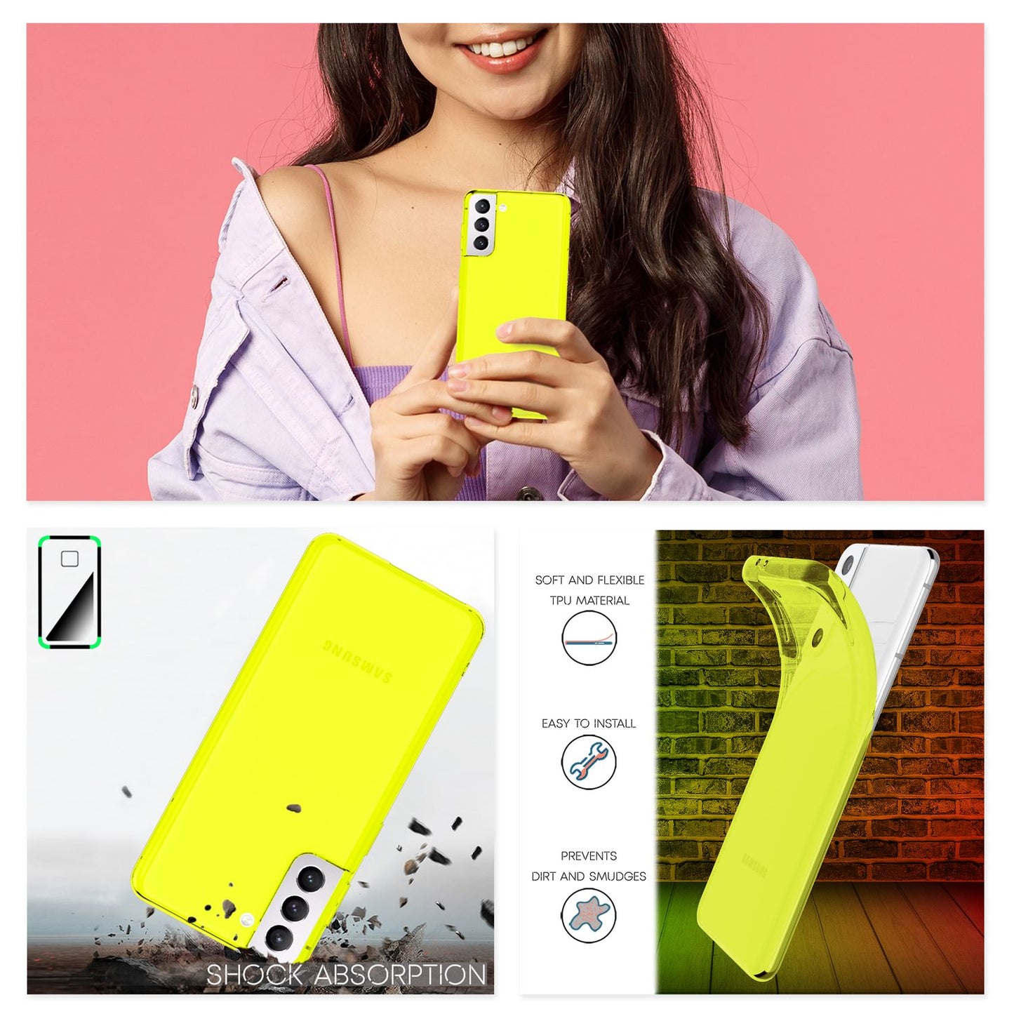 NALIA Neon Silikonhülle für Samsung Galaxy S21 FE – Knallige Signal-Farbe & Linsenschutz – VIBE (Transparentes Case) – Marke aus Berlin