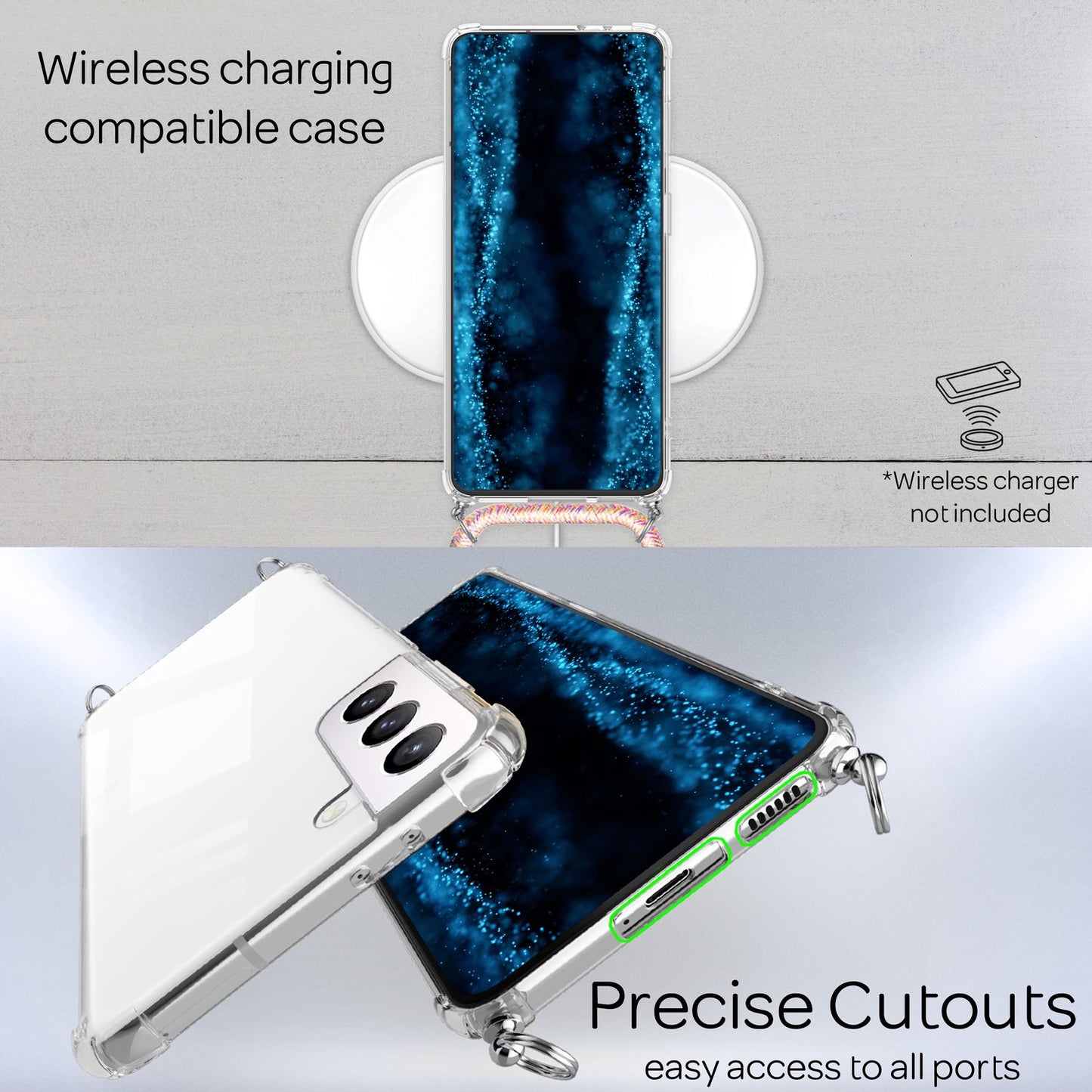 NALIA Handykette für Samsung Galaxy S22 – Transparentes Hybrid-Case & Band – HANGIT (Anti-Gelb Rückseite & Verstellbar) – Marke aus Berlin