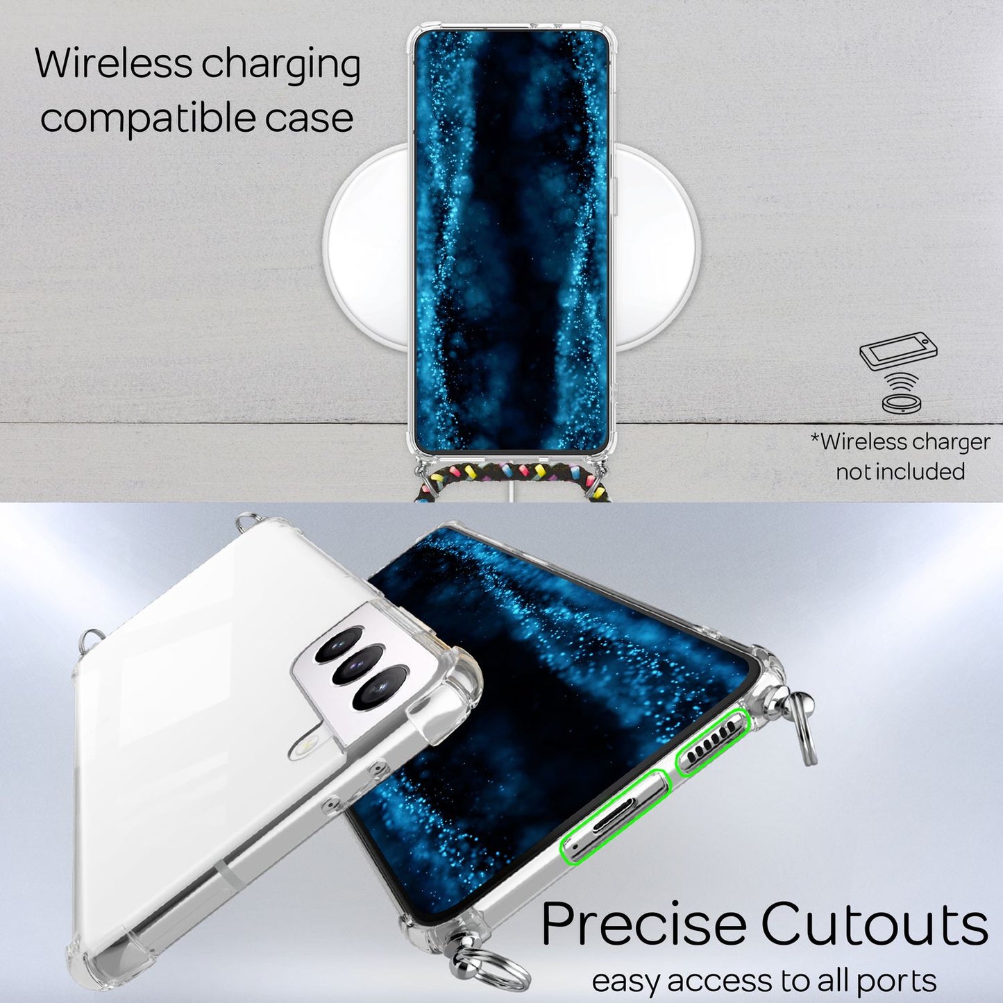 NALIA Handykette für Samsung Galaxy S22 – Transparentes Hybrid-Case & Band – HANGIT (Anti-Gelb Rückseite & Verstellbar) – Marke aus Berlin