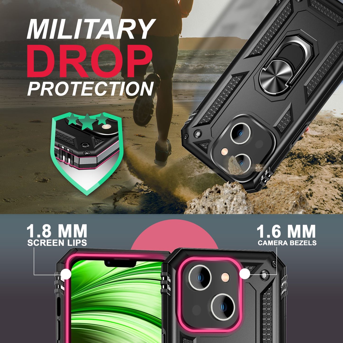 NALIA Panzerhülle für iPhone 14 – Ring-Ständer 360° & Magnet-Halterung Kompatibel – RINGDEFEND (Stoßfestes Outdoor Case) – Marke aus Berlin