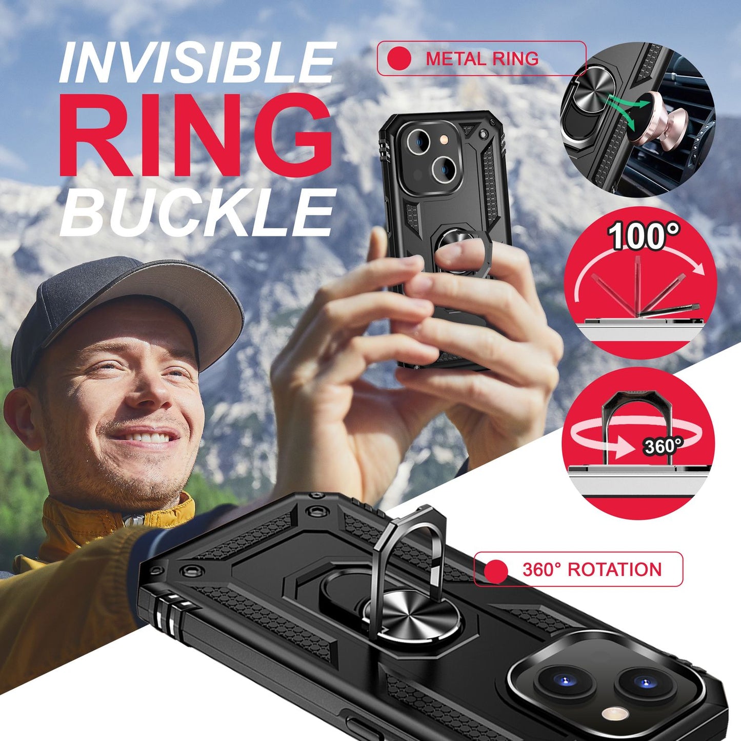 NALIA Panzerhülle für iPhone 14 – Ring-Ständer 360° & Magnet-Halterung Kompatibel – RINGDEFEND (Stoßfestes Outdoor Case) – Marke aus Berlin