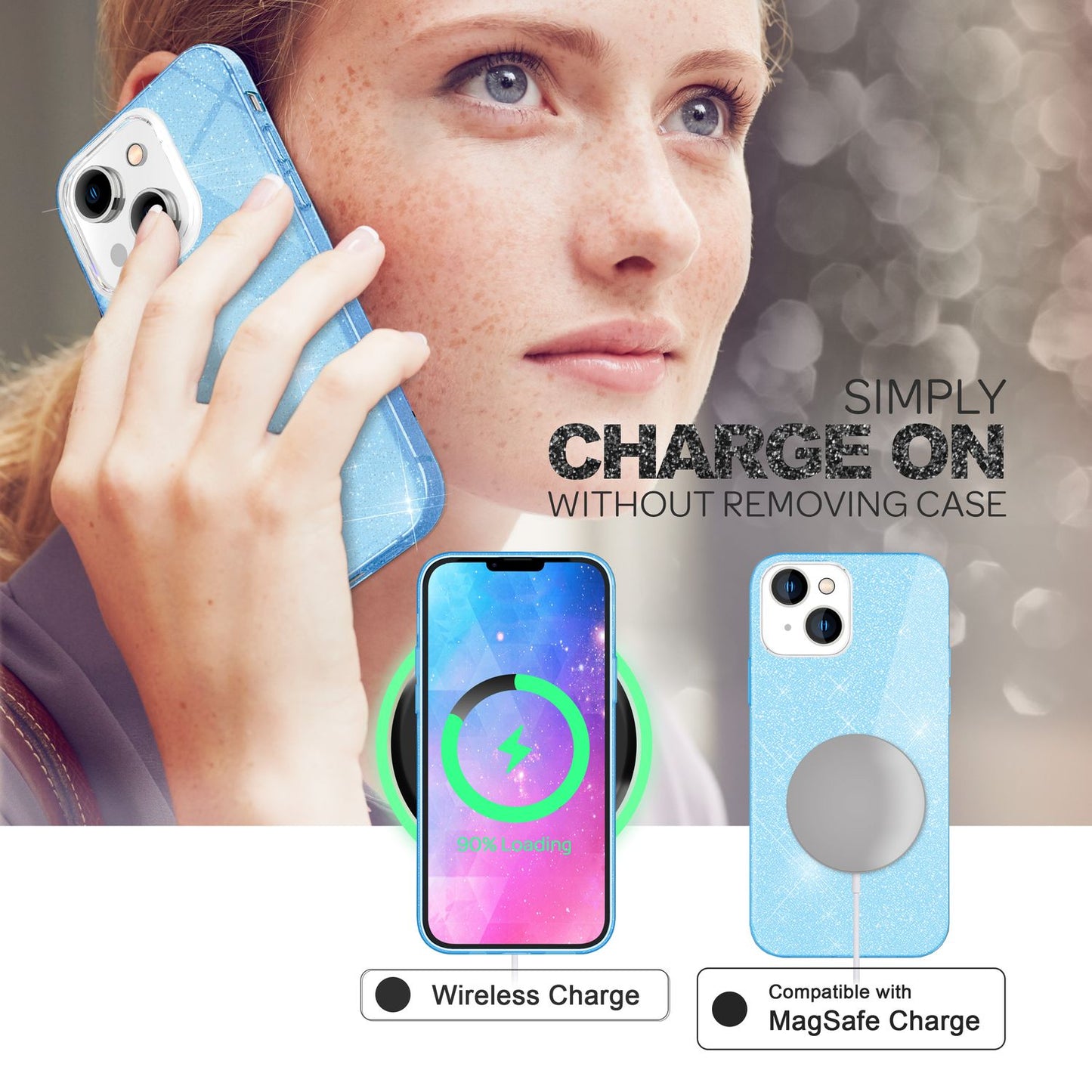 NALIA Glitzerhülle für iPhone 14 – Funkelnder Glitzer-Look & Grip – SHINEPOP (Silikon Case) – Marke aus Berlin
