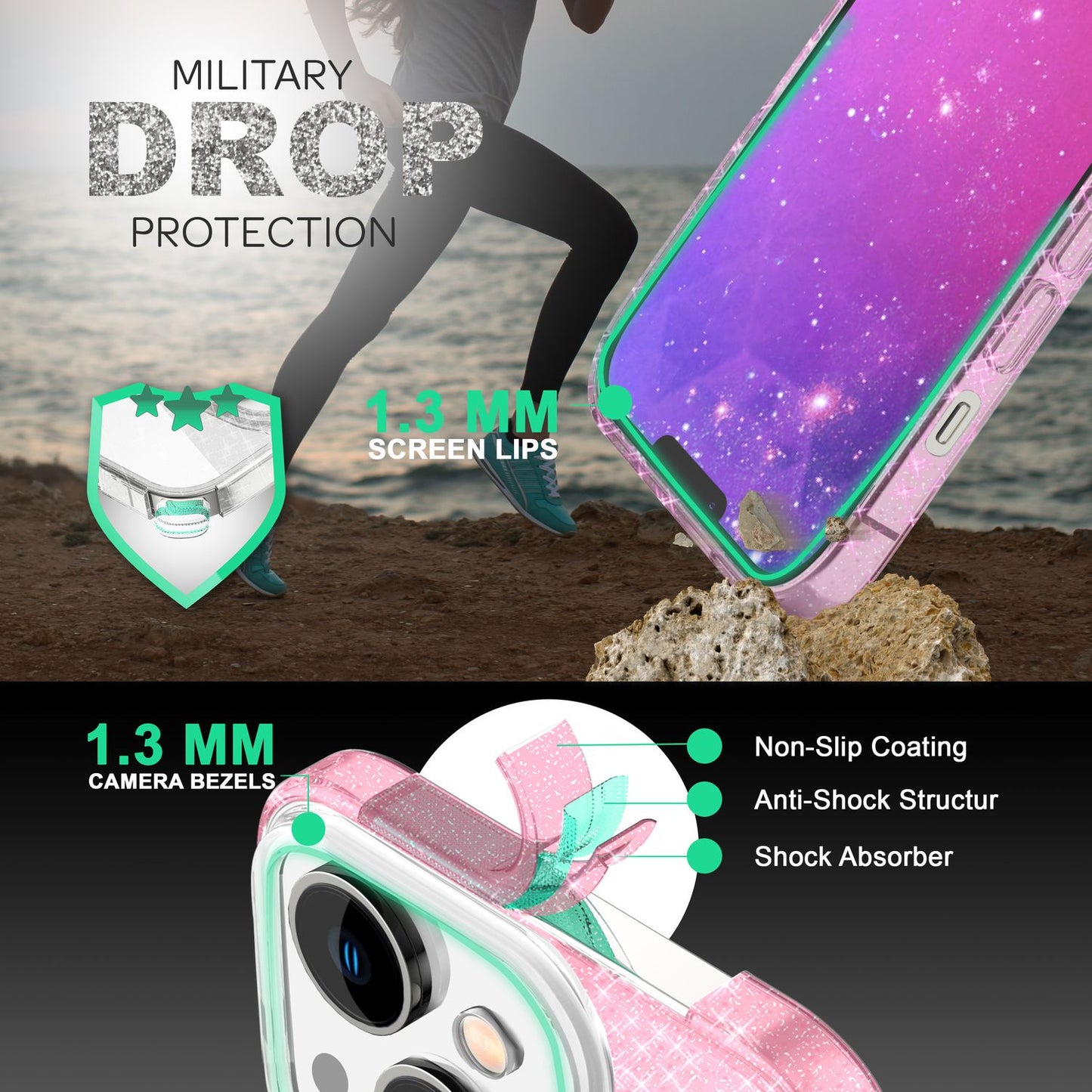NALIA Glitzerhülle für iPhone 14 – Funkelnder Glitzer-Look & Grip – SHINEPOP (Silikon Case) – Marke aus Berlin