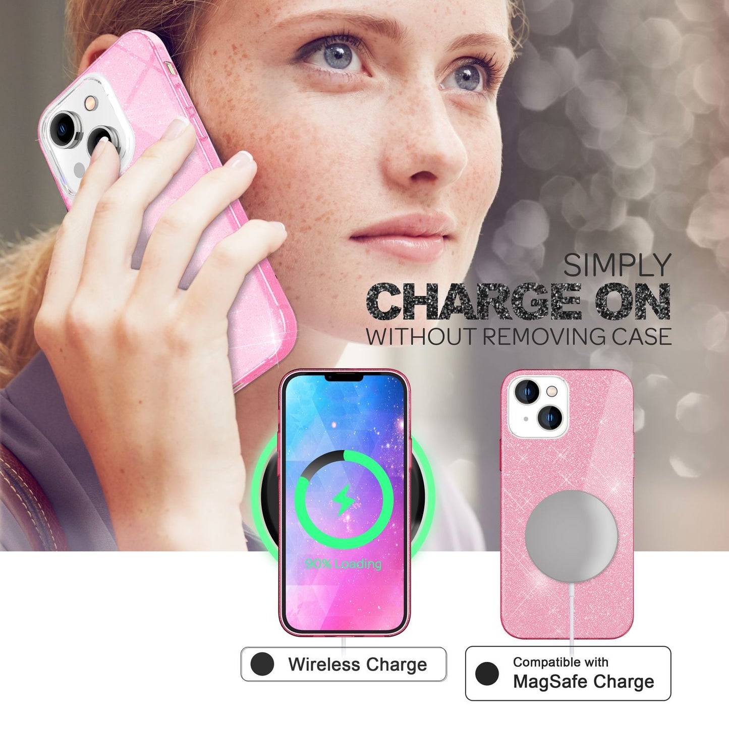 NALIA Glitzerhülle für iPhone 14 – Funkelnder Glitzer-Look & Grip – SHINEPOP (Silikon Case) – Marke aus Berlin