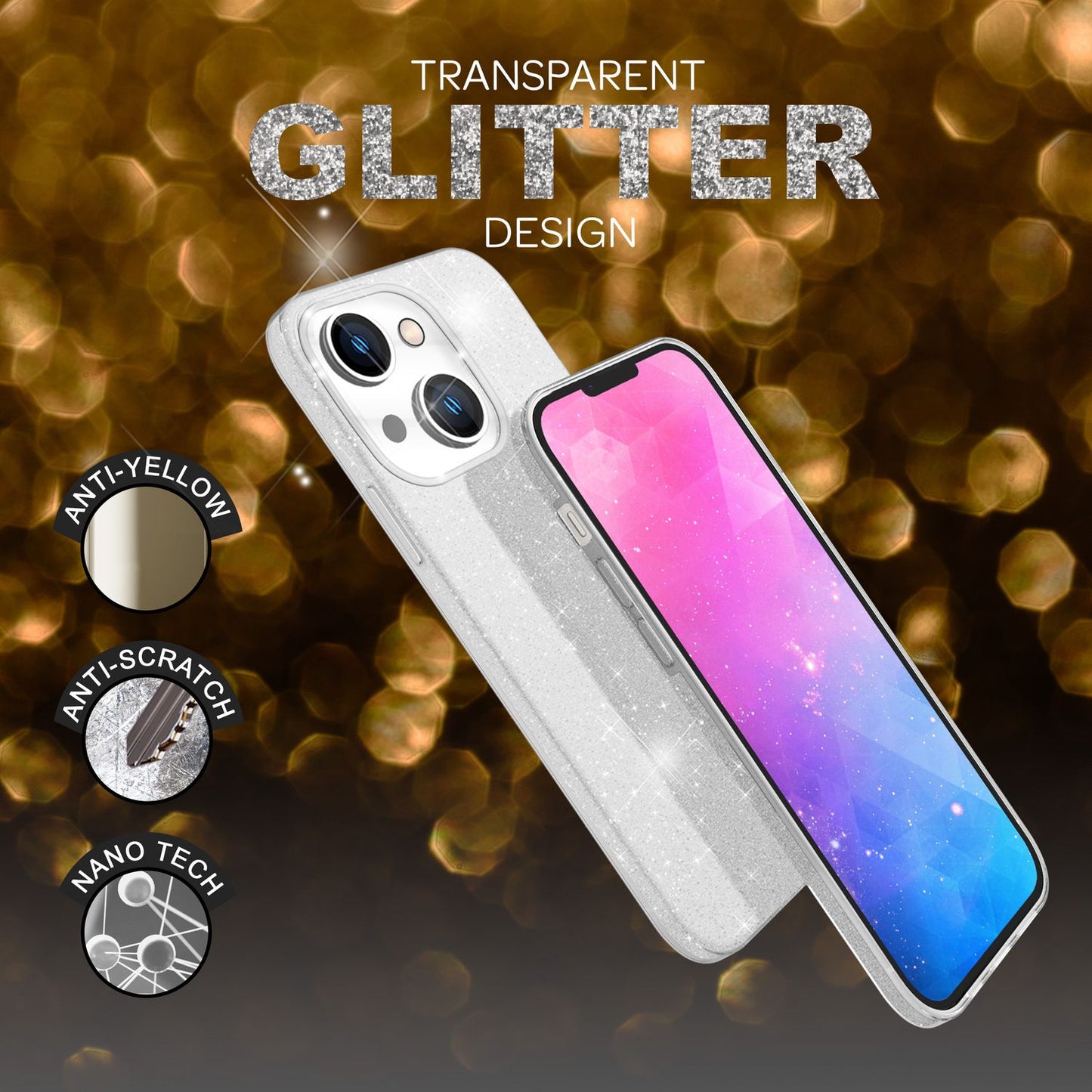 NALIA Glitzerhülle für iPhone 14 – Funkelnder Glitzer-Look & Grip – SHINEPOP (Silikon Case) – Marke aus Berlin