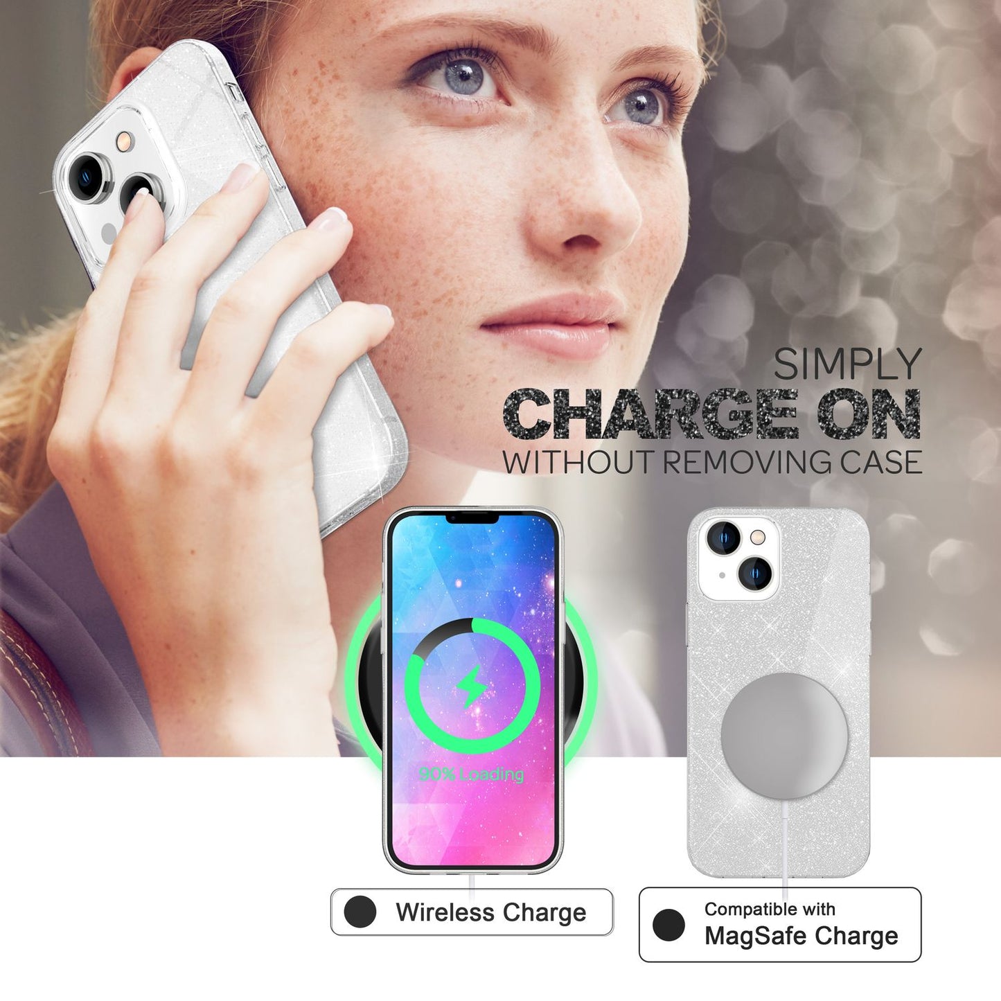 NALIA Glitzerhülle für iPhone 14 – Funkelnder Glitzer-Look & Grip – SHINEPOP (Silikon Case) – Marke aus Berlin