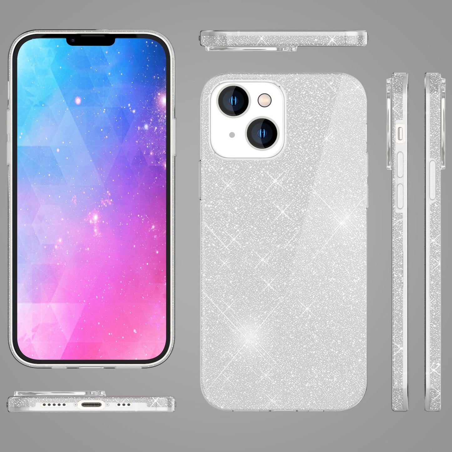 NALIA Glitzerhülle für iPhone 14 – Funkelnder Glitzer-Look & Grip – SHINEPOP (Silikon Case) – Marke aus Berlin