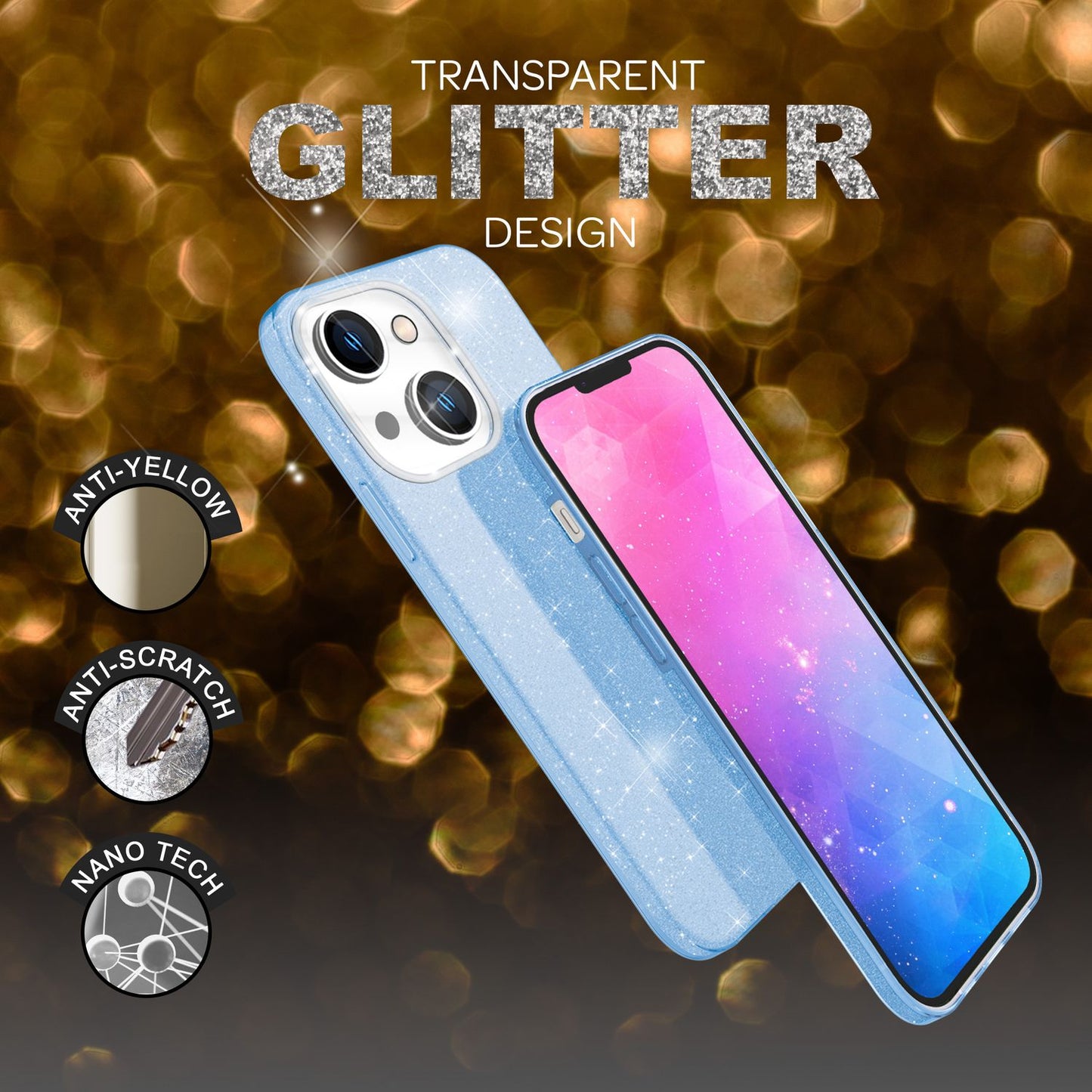 NALIA Glitzerhülle für iPhone 14 Plus – Funkelnder Glitzer-Look & Grip – SHINEPOP (Silikon Case) – Marke aus Berlin