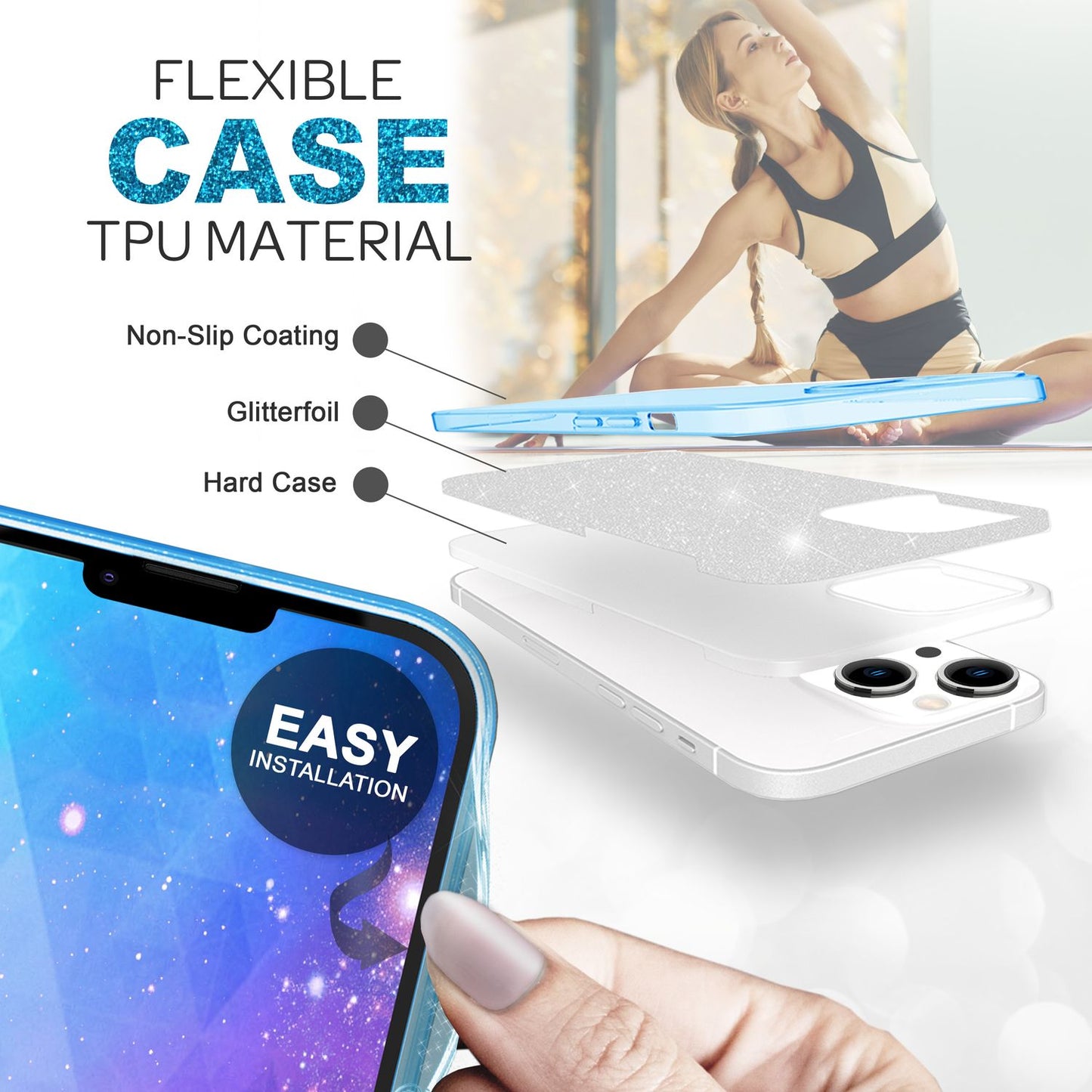NALIA Glitzerhülle für iPhone 14 Plus – Funkelnder Glitzer-Look & Grip – SHINEPOP (Silikon Case) – Marke aus Berlin