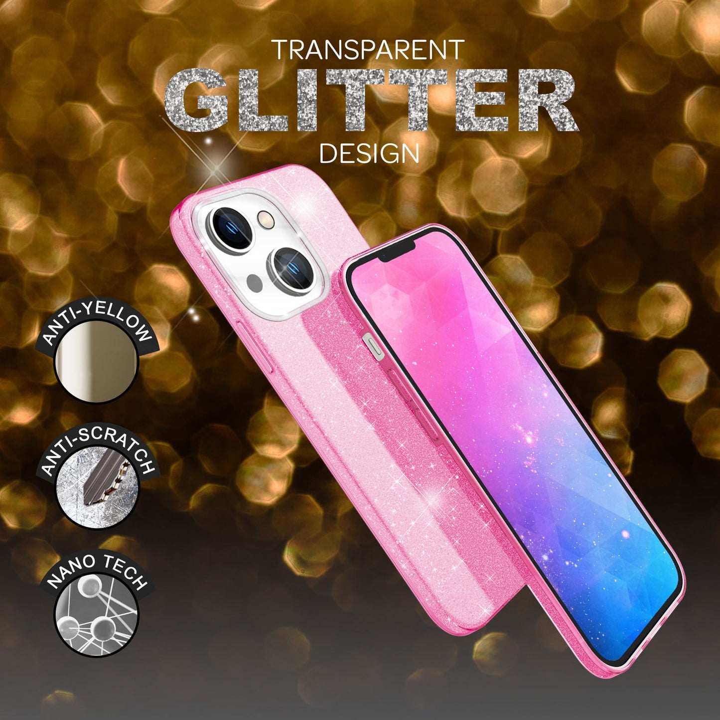 NALIA Glitzerhülle für iPhone 14 Plus – Funkelnder Glitzer-Look & Grip – SHINEPOP (Silikon Case) – Marke aus Berlin