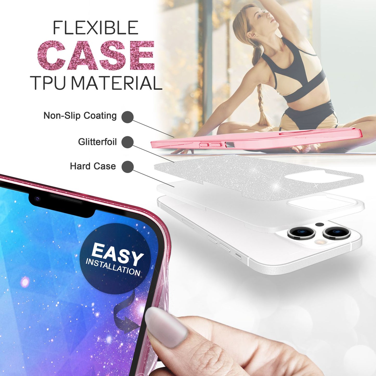 NALIA Glitzerhülle für iPhone 14 Plus – Funkelnder Glitzer-Look & Grip – SHINEPOP (Silikon Case) – Marke aus Berlin