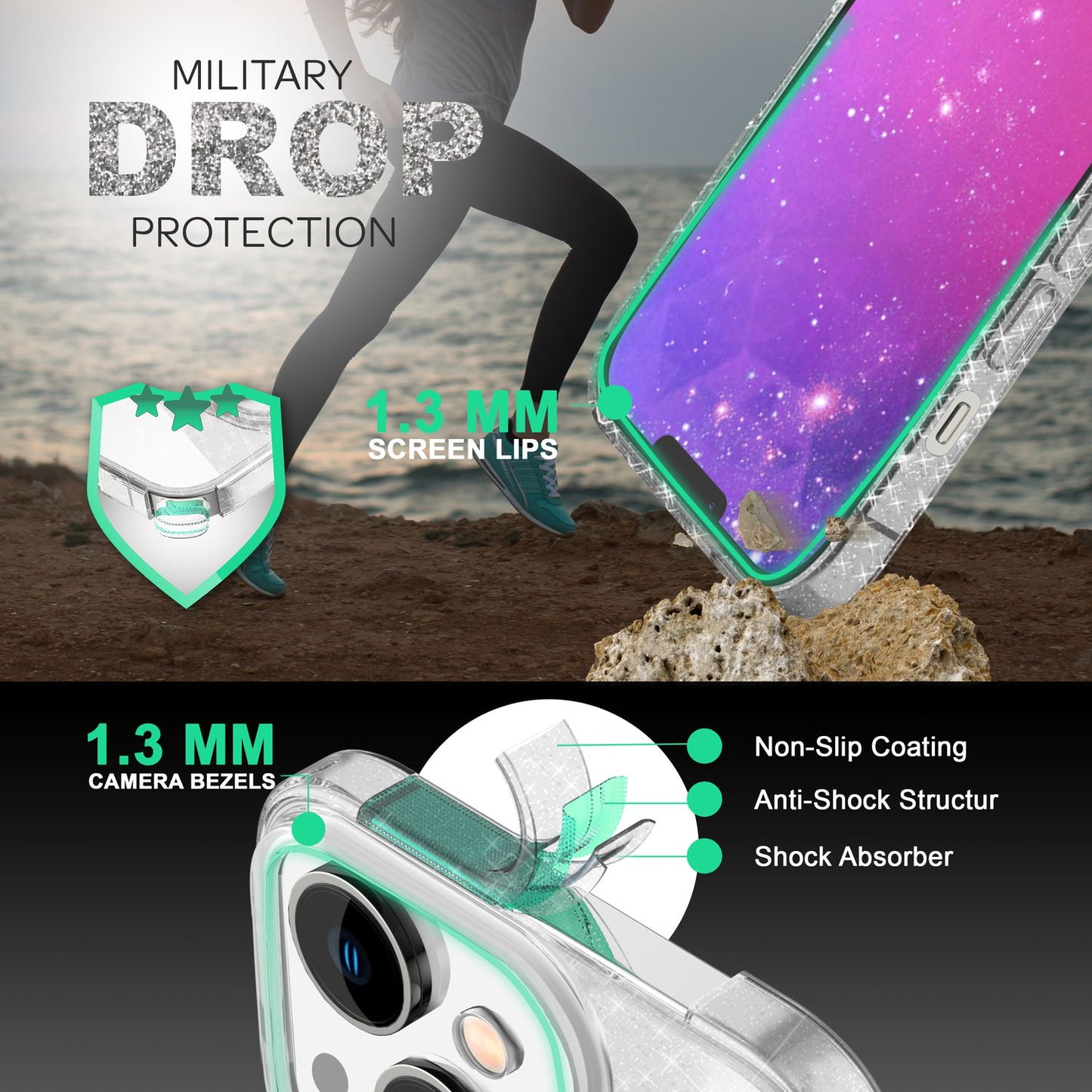 NALIA Glitzerhülle für iPhone 14 Plus – Funkelnder Glitzer-Look & Grip – SHINEPOP (Silikon Case) – Marke aus Berlin