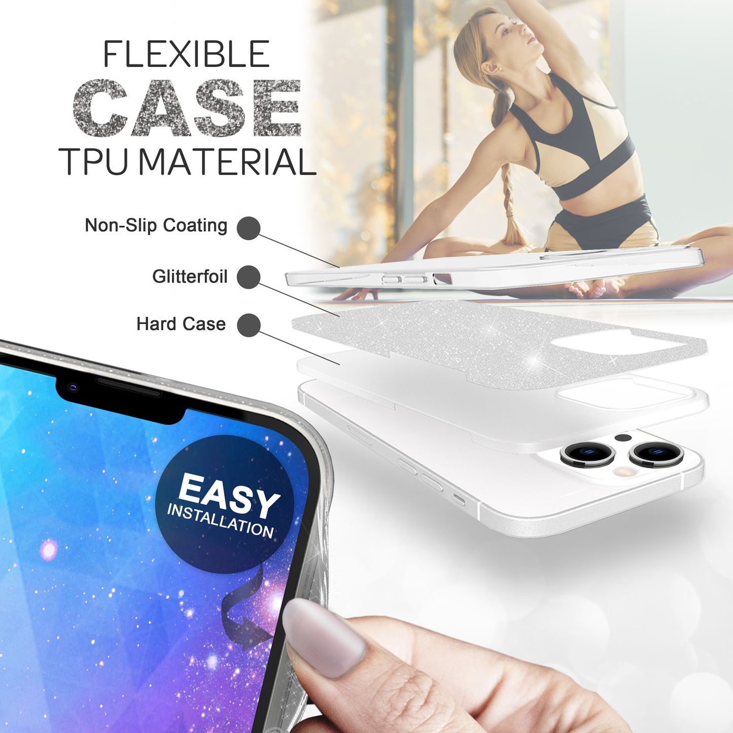 NALIA Glitzerhülle für iPhone 14 Plus – Funkelnder Glitzer-Look & Grip – SHINEPOP (Silikon Case) – Marke aus Berlin