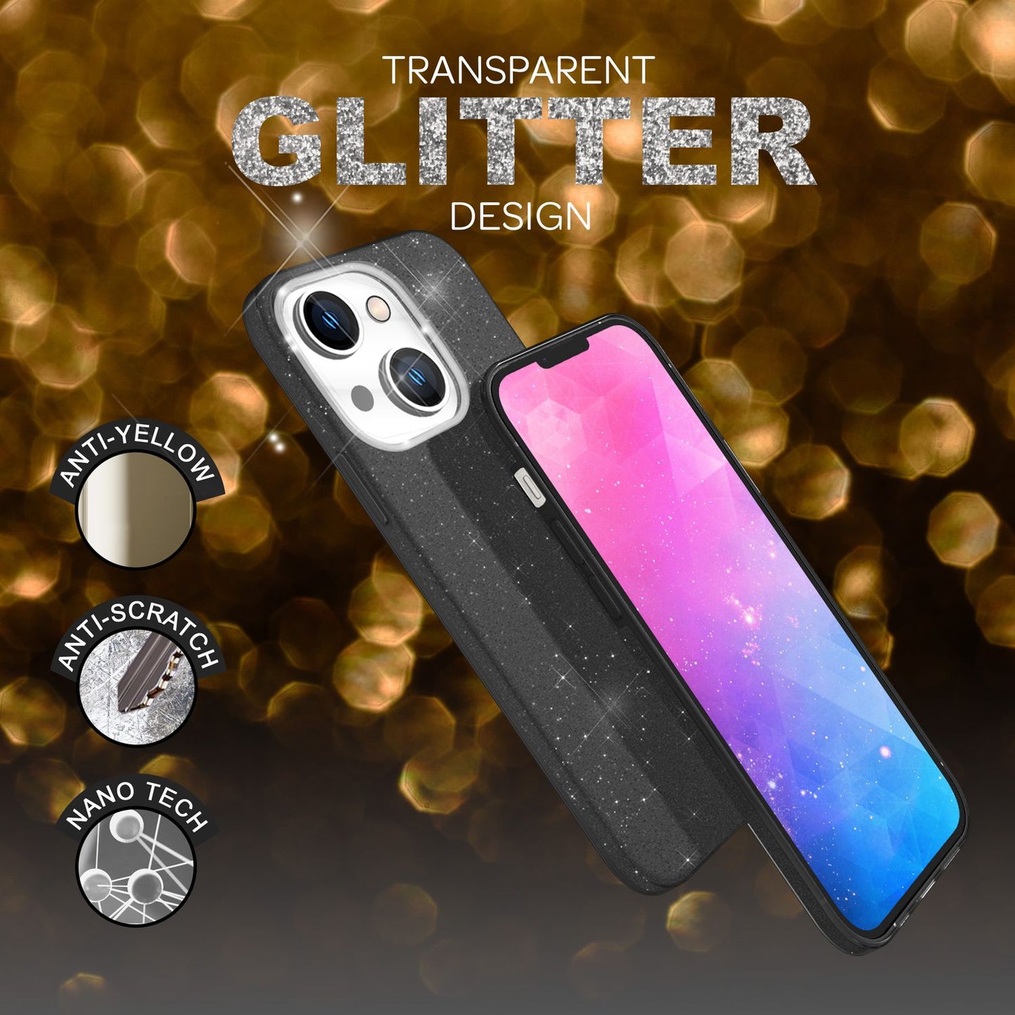 NALIA Glitzerhülle für iPhone 14 Plus – Funkelnder Glitzer-Look & Grip – SHINEPOP (Silikon Case) – Marke aus Berlin