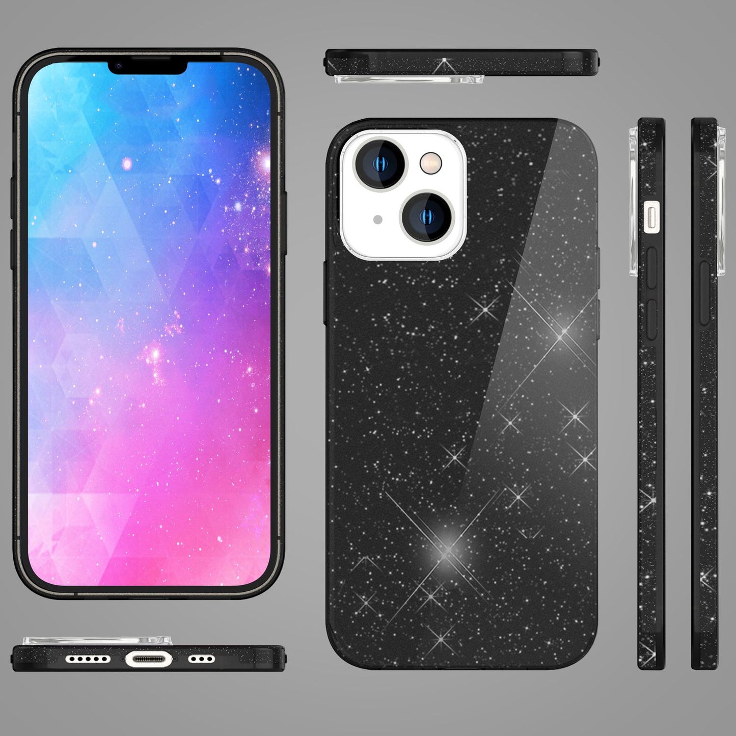 NALIA Glitzerhülle für iPhone 14 Plus – Funkelnder Glitzer-Look & Grip – SHINEPOP (Silikon Case) – Marke aus Berlin