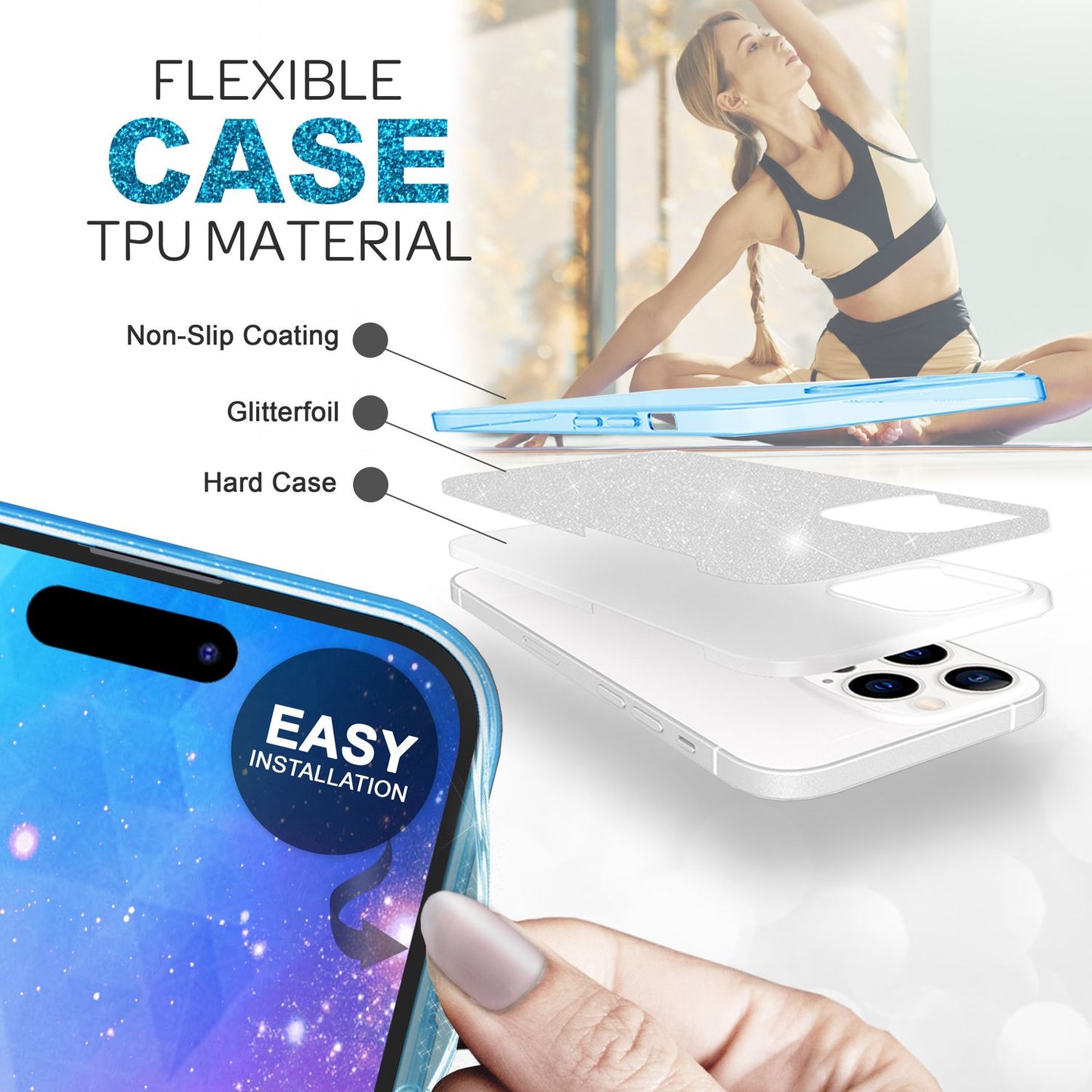 NALIA Glitzerhülle für iPhone 14 Pro – Funkelnder Glitzer-Look & Grip – SHINEPOP (Silikon Case) – Marke aus Berlin