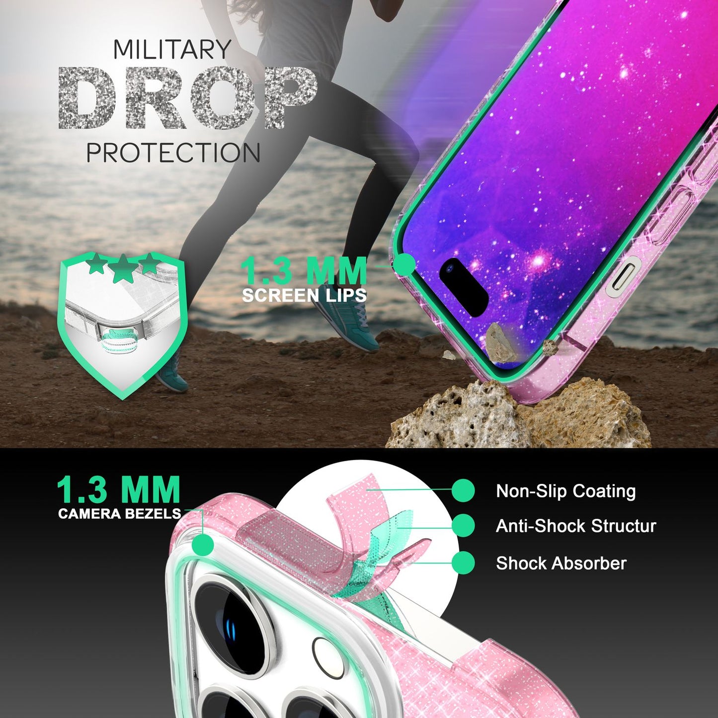 NALIA Glitzerhülle für iPhone 14 Pro – Funkelnder Glitzer-Look & Grip – SHINEPOP (Silikon Case) – Marke aus Berlin