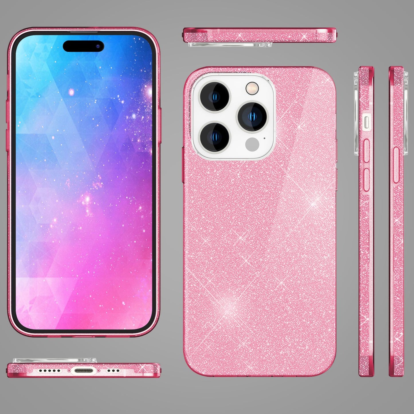 NALIA Glitzerhülle für iPhone 14 Pro – Funkelnder Glitzer-Look & Grip – SHINEPOP (Silikon Case) – Marke aus Berlin