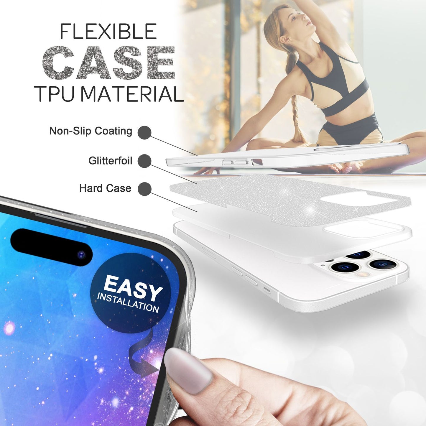 NALIA Glitzerhülle für iPhone 14 Pro – Funkelnder Glitzer-Look & Grip – SHINEPOP (Silikon Case) – Marke aus Berlin