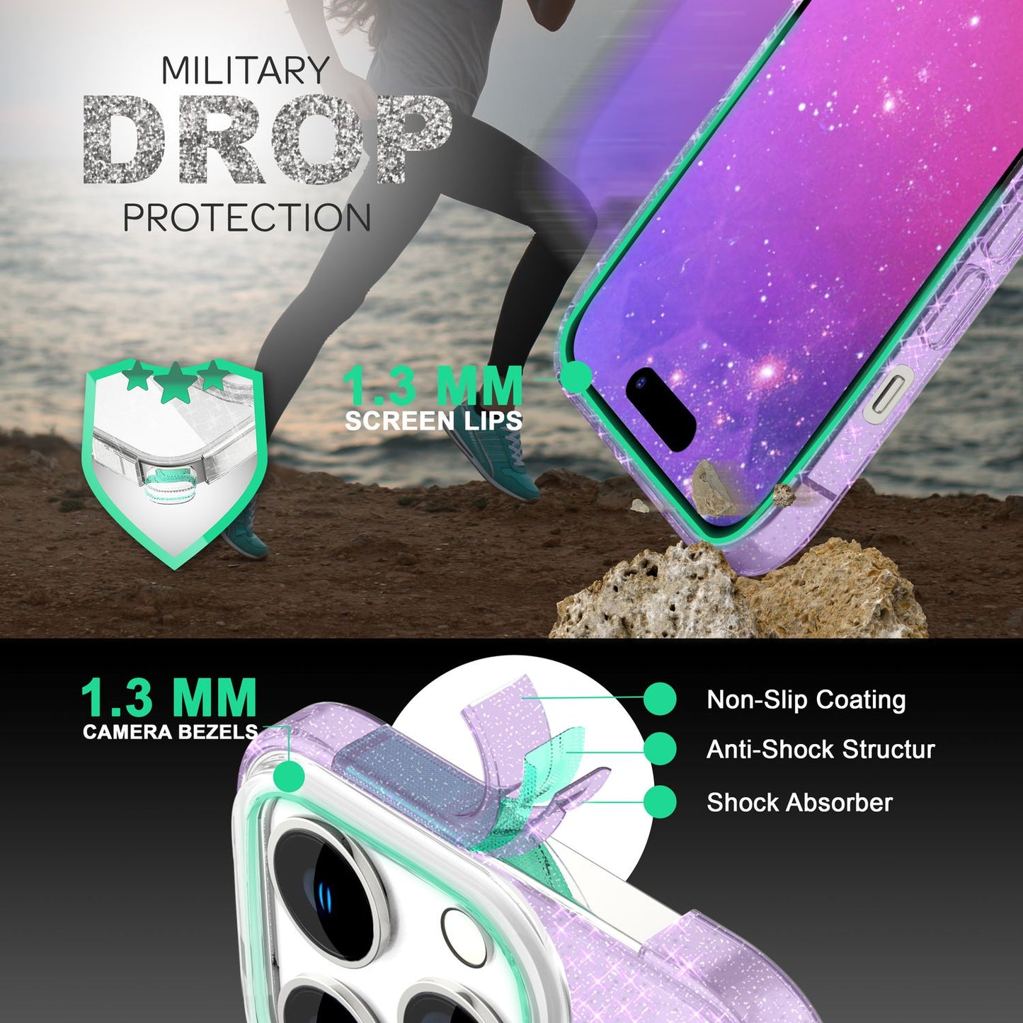 NALIA Glitzerhülle für iPhone 14 Pro Max – Funkelnder Glitzer-Look & Grip – SHINEPOP (Silikon Case) – Marke aus Berlin