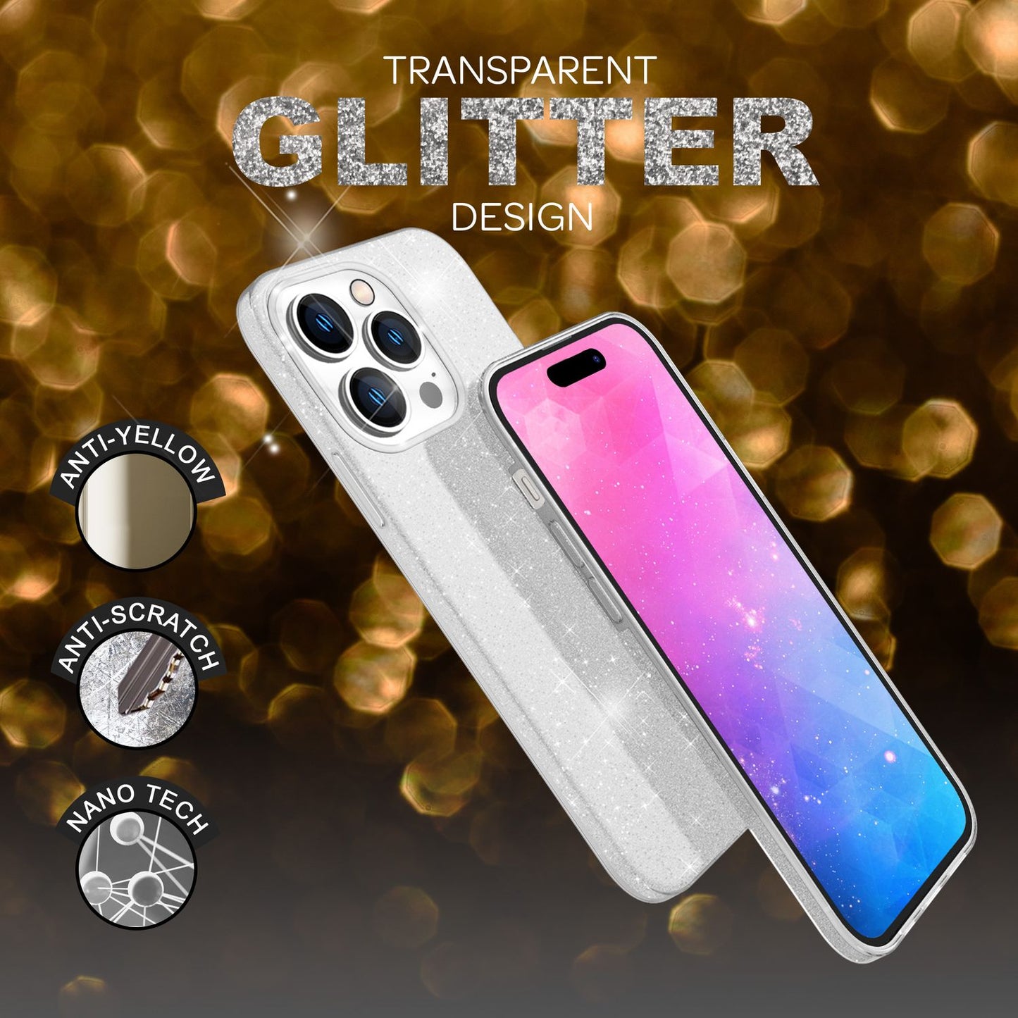 NALIA Glitzerhülle für iPhone 14 Pro Max – Funkelnder Glitzer-Look & Grip – SHINEPOP (Silikon Case) – Marke aus Berlin