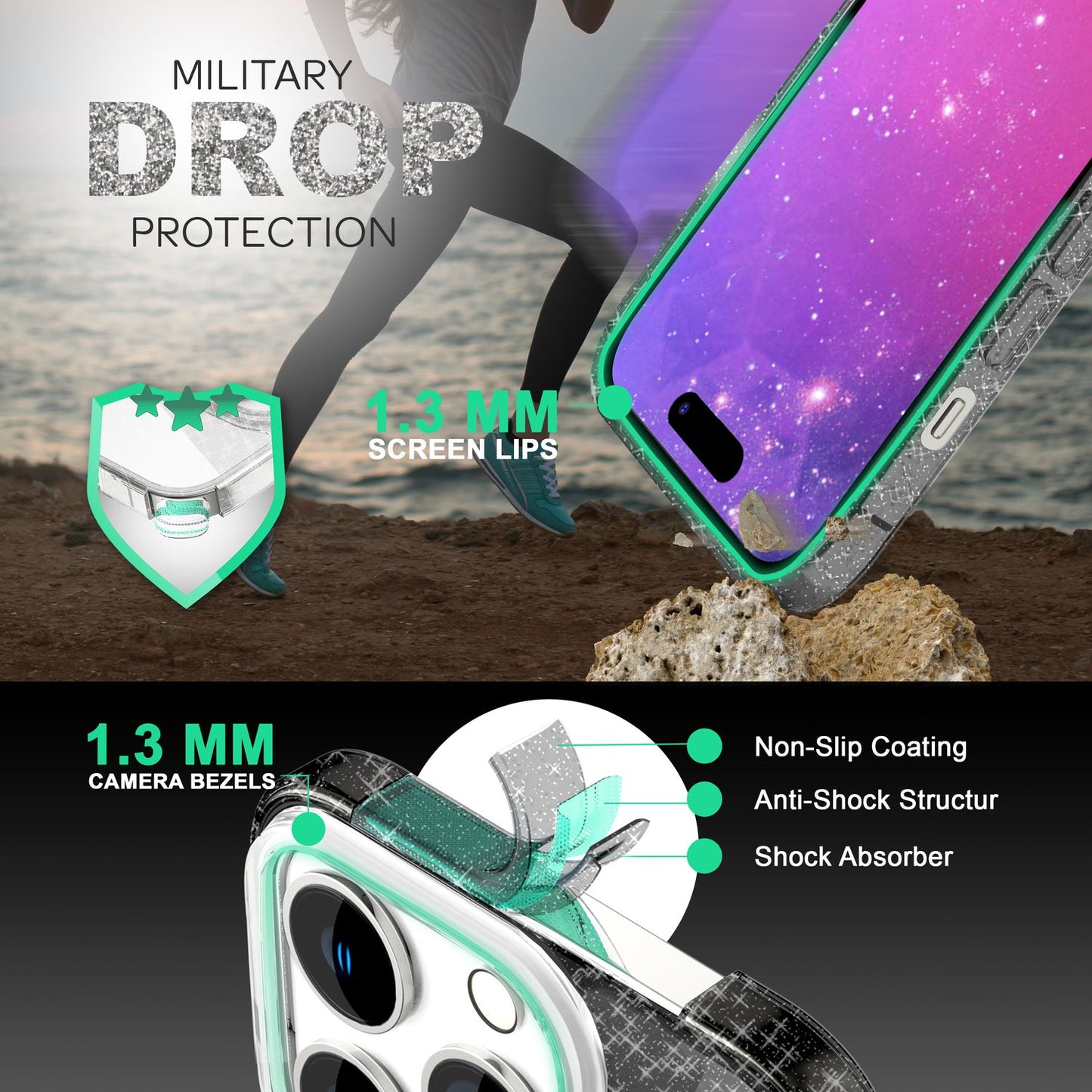 NALIA Glitzerhülle für iPhone 14 Pro Max – Funkelnder Glitzer-Look & Grip – SHINEPOP (Silikon Case) – Marke aus Berlin