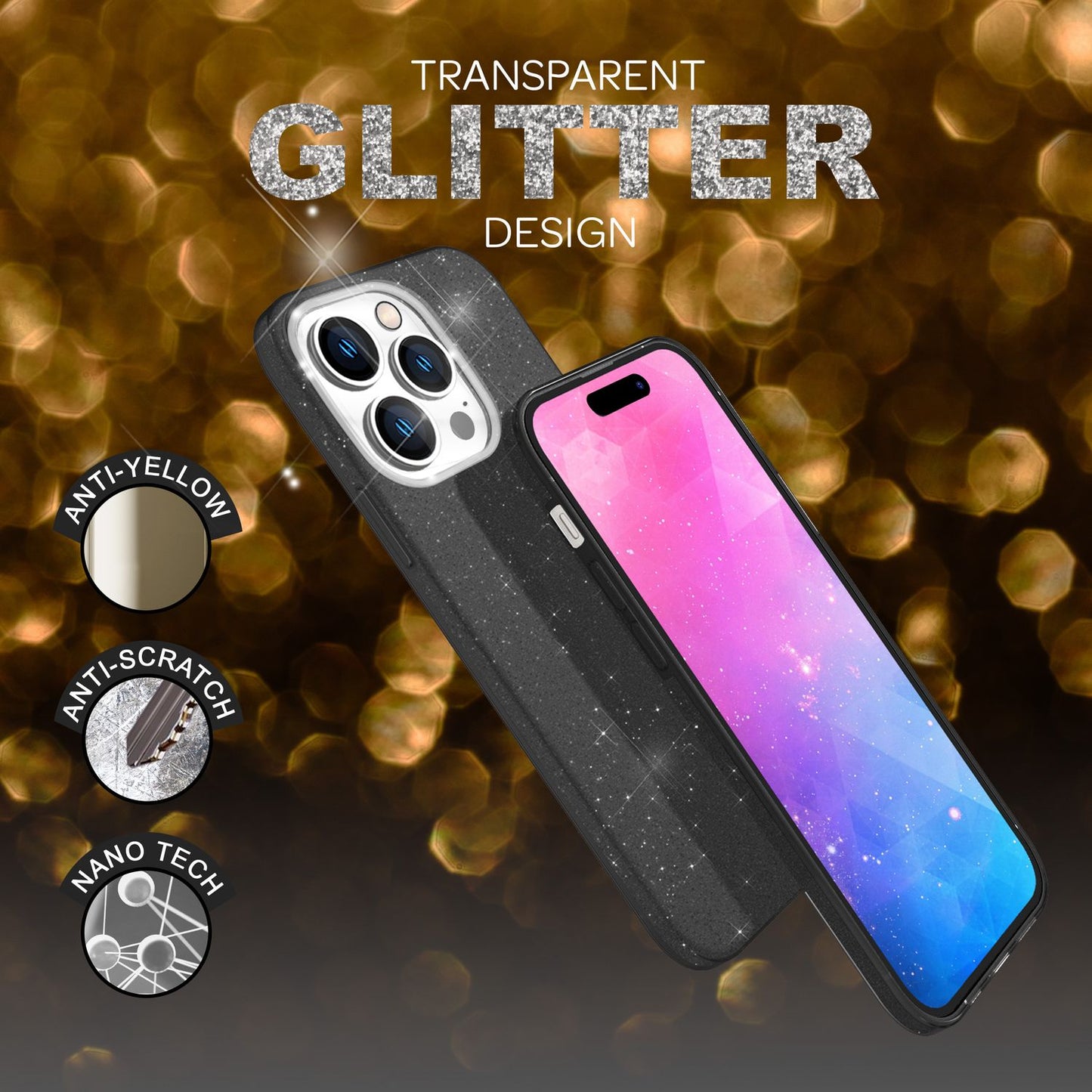 NALIA Glitzerhülle für iPhone 14 Pro Max – Funkelnder Glitzer-Look & Grip – SHINEPOP (Silikon Case) – Marke aus Berlin