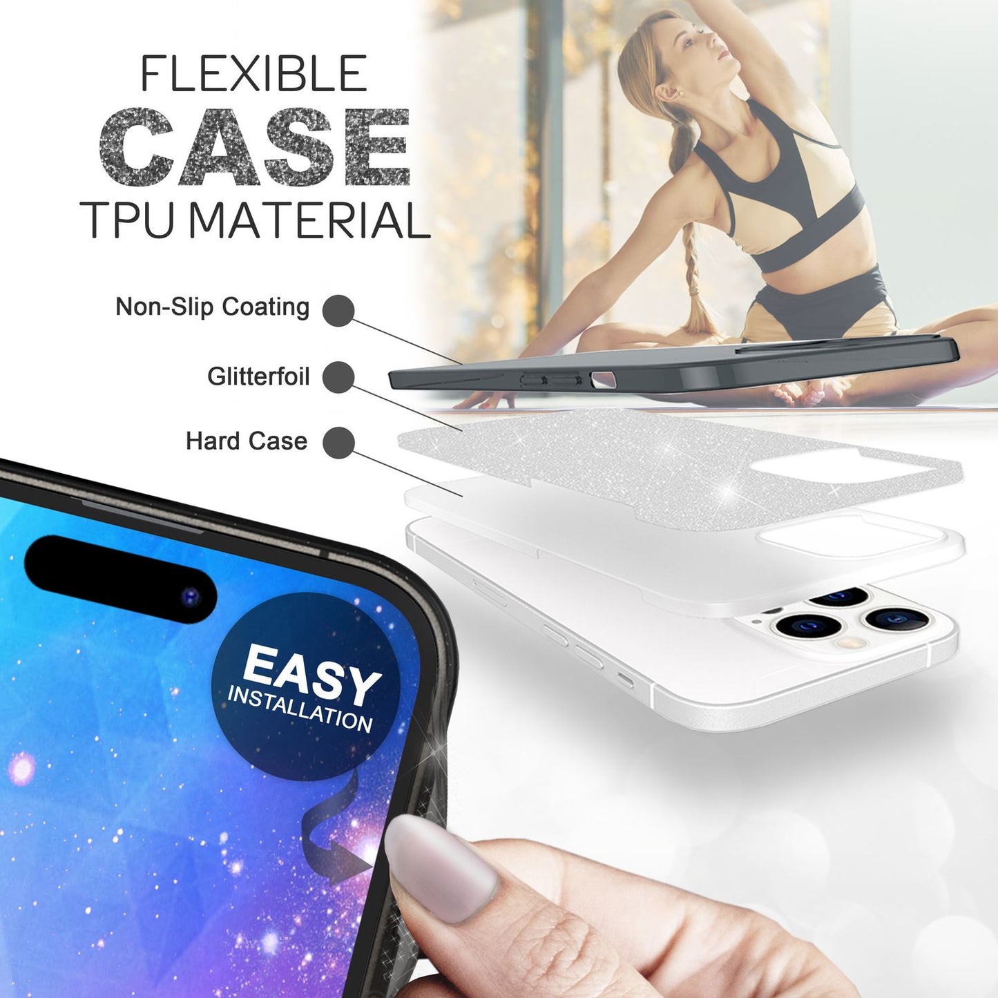 NALIA Glitzerhülle für iPhone 14 Pro Max – Funkelnder Glitzer-Look & Grip – SHINEPOP (Silikon Case) – Marke aus Berlin