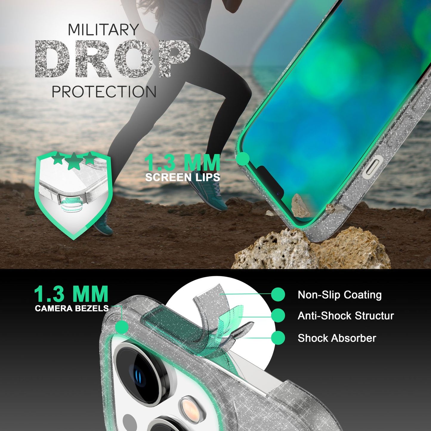 NALIA Glitzerhülle für iPhone 14 – Funkelndes Silikon Case – DAZZLIN (Transparent & Stoßfest) – Marke aus Berlin