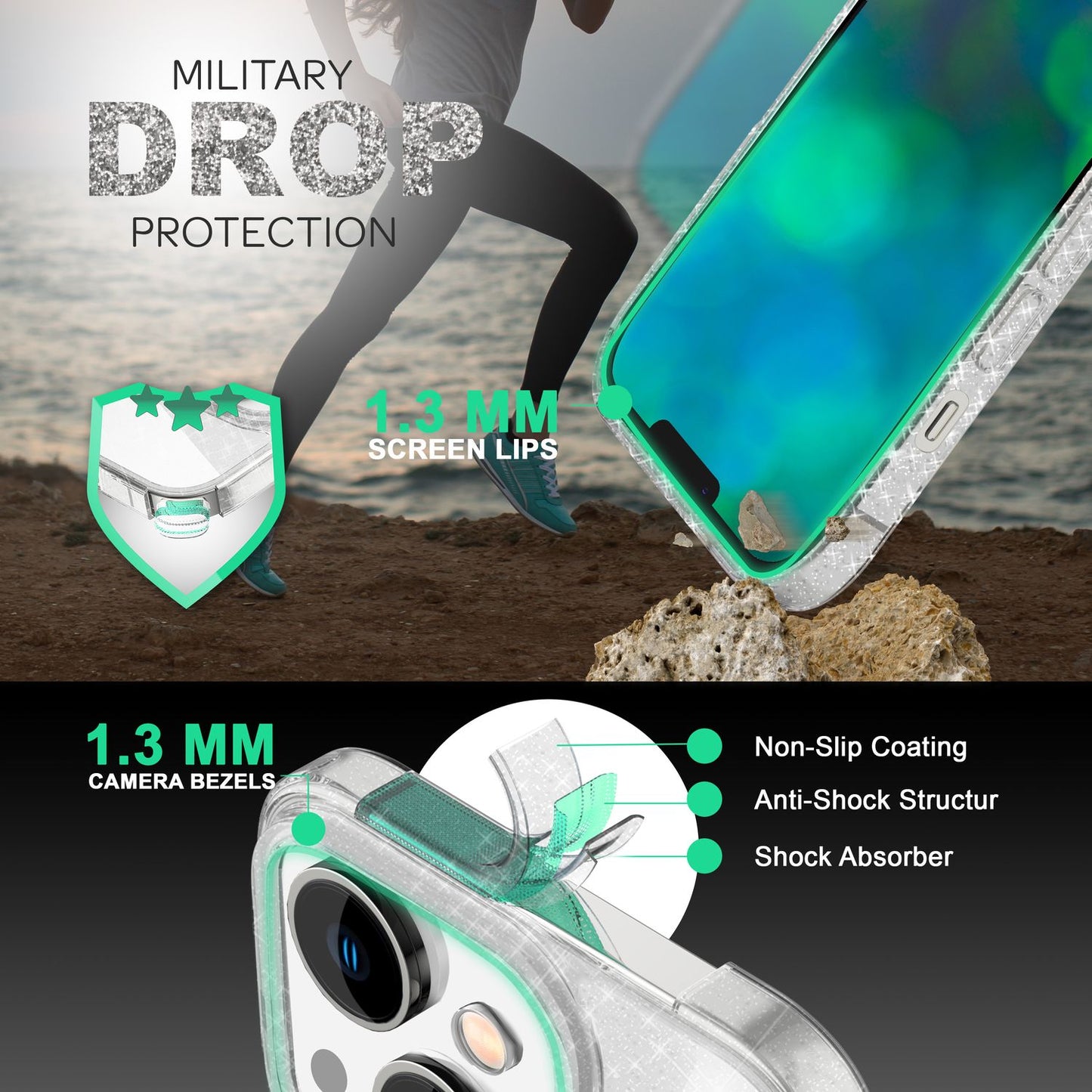 NALIA Glitzerhülle für iPhone 14 Plus – Funkelndes Silikon Case – DAZZLIN (Transparent & Stoßfest) – Marke aus Berlin