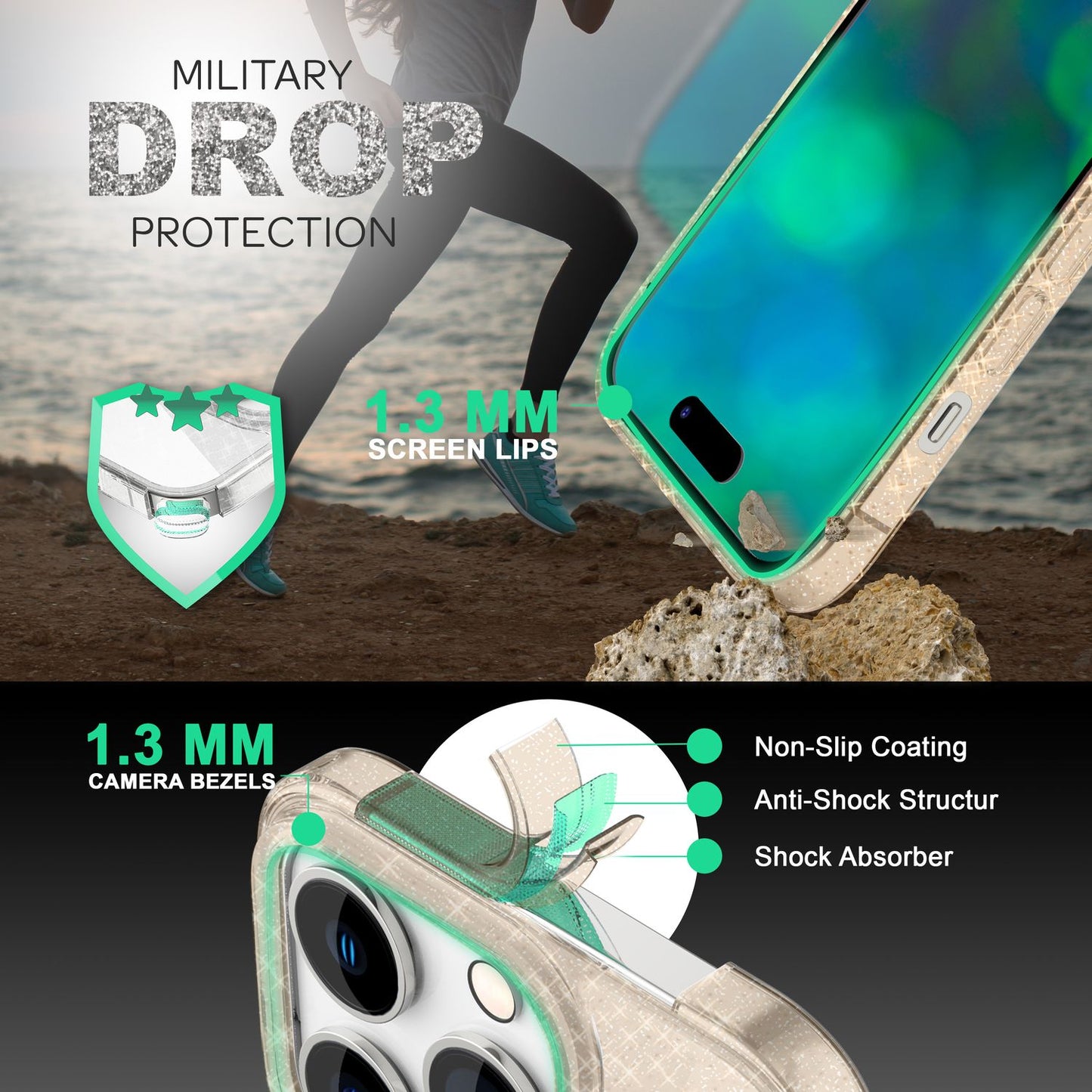 NALIA Glitzerhülle für iPhone 14 Pro – Funkelndes Silikon Case – DAZZLIN (Transparent & Stoßfest) – Marke aus Berlin